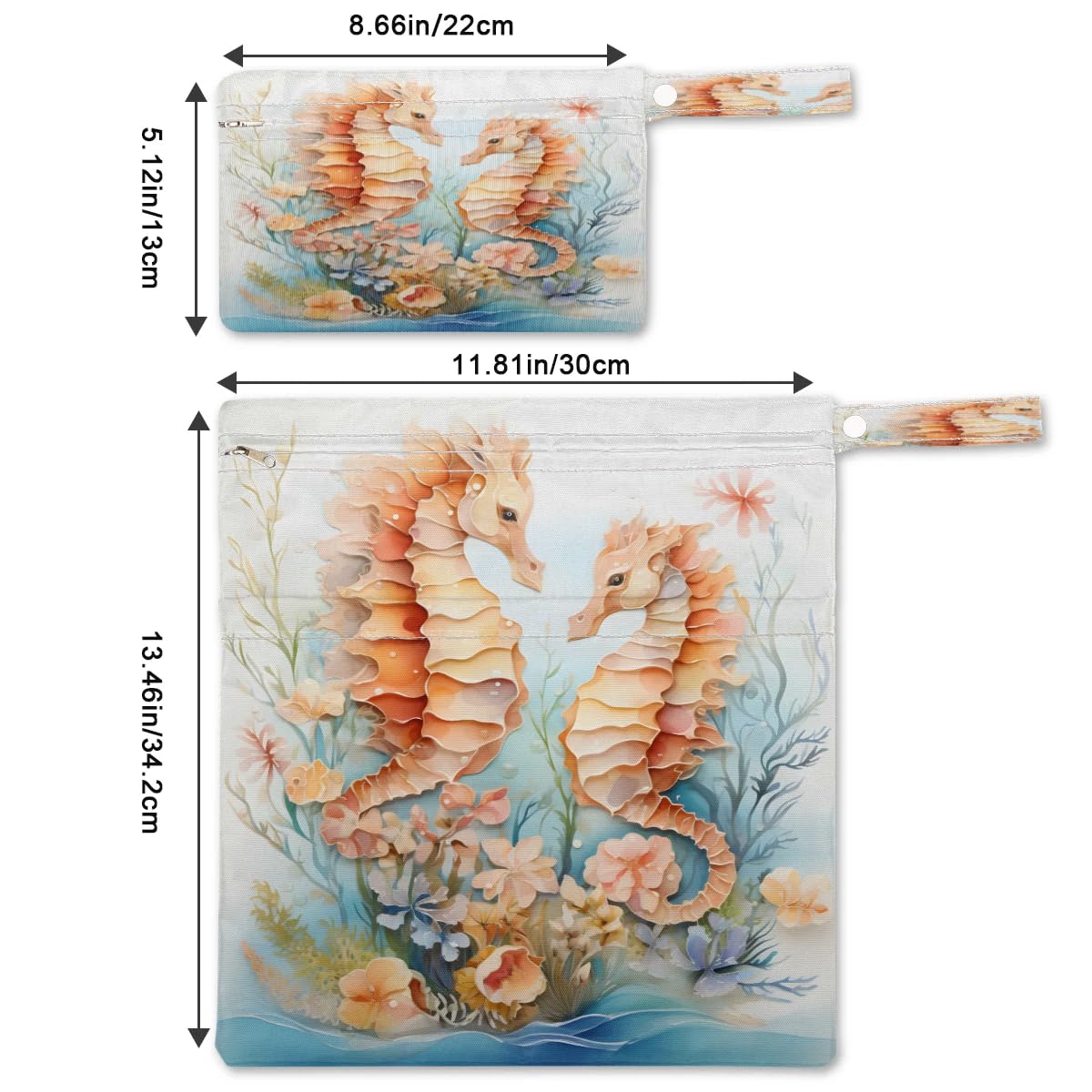 Ocean Seahorse Wet Dry Bag 2-Pack - Waterproof Travel Laundry Bag for Swimsuits, Cloth Diapers & Bathing Suits | Beach, Yoga, Gym, Pool Essentials | Perfect for Travel, Sports & Baby Care