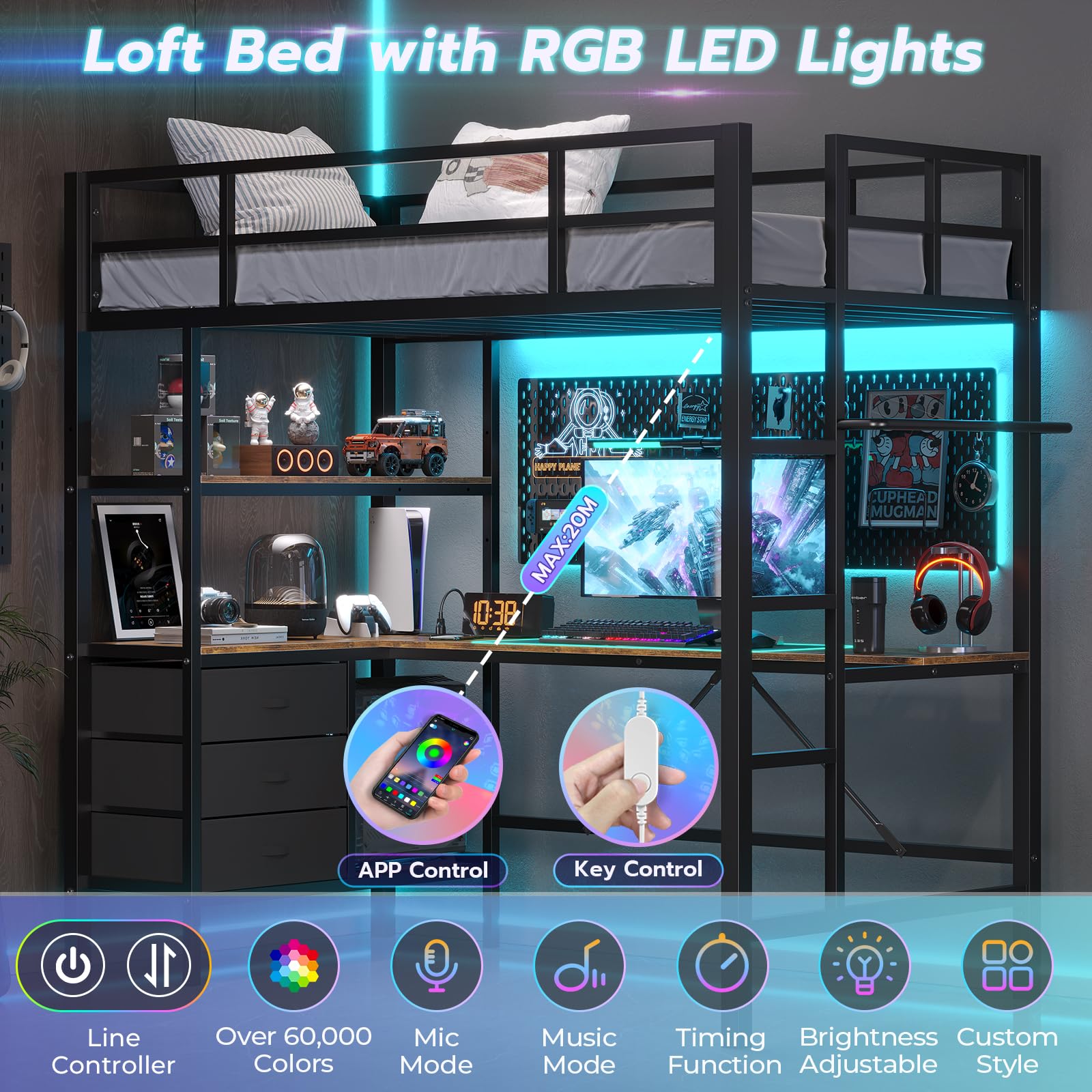 Twin Size Metal Loft Bed with L-Shaped Desk - Black LED Loft Bed Frame with Charging Station, 3 Storage Shelves & 3 Fabric Drawers | Includes Safety Guard & Ladder | No Box Spring Needed | Perfect for Small Bedrooms, Dorm Rooms & Kids' Spaces