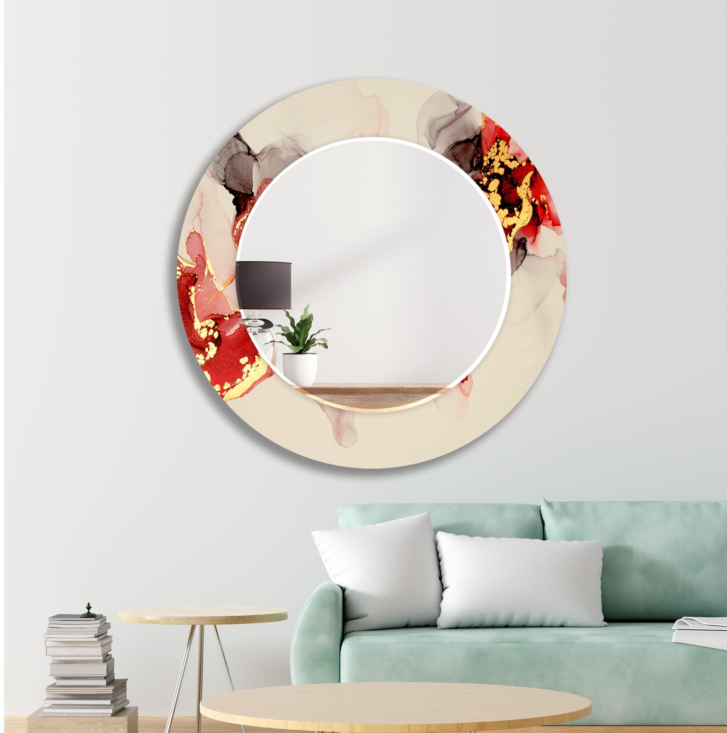 Beige and Gold Accent Wall Mirror with Red Details - Elegant Home Decor for Living Room, Bedroom, or Entryway