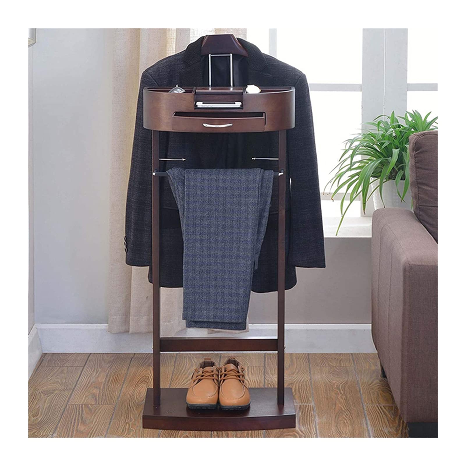 Premium Wooden Suit Valet Stand with Trouser Bar & Jacket Hanger - Sturdy Floor Clothes Rack for Bedroom & Living Room - Space-Saving Organizer (43.1