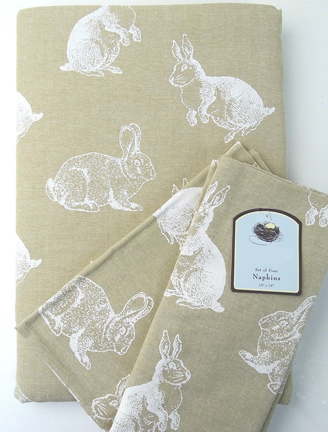 Easter Bunny Cotton Tablecloth Set - 102 x 60 Inch Table Cover & 8 Matching Napkins - Natural Woven Fabric with White Rabbit Print - Perfect for Easter Brunch, Spring Parties & Holiday Dining Decor