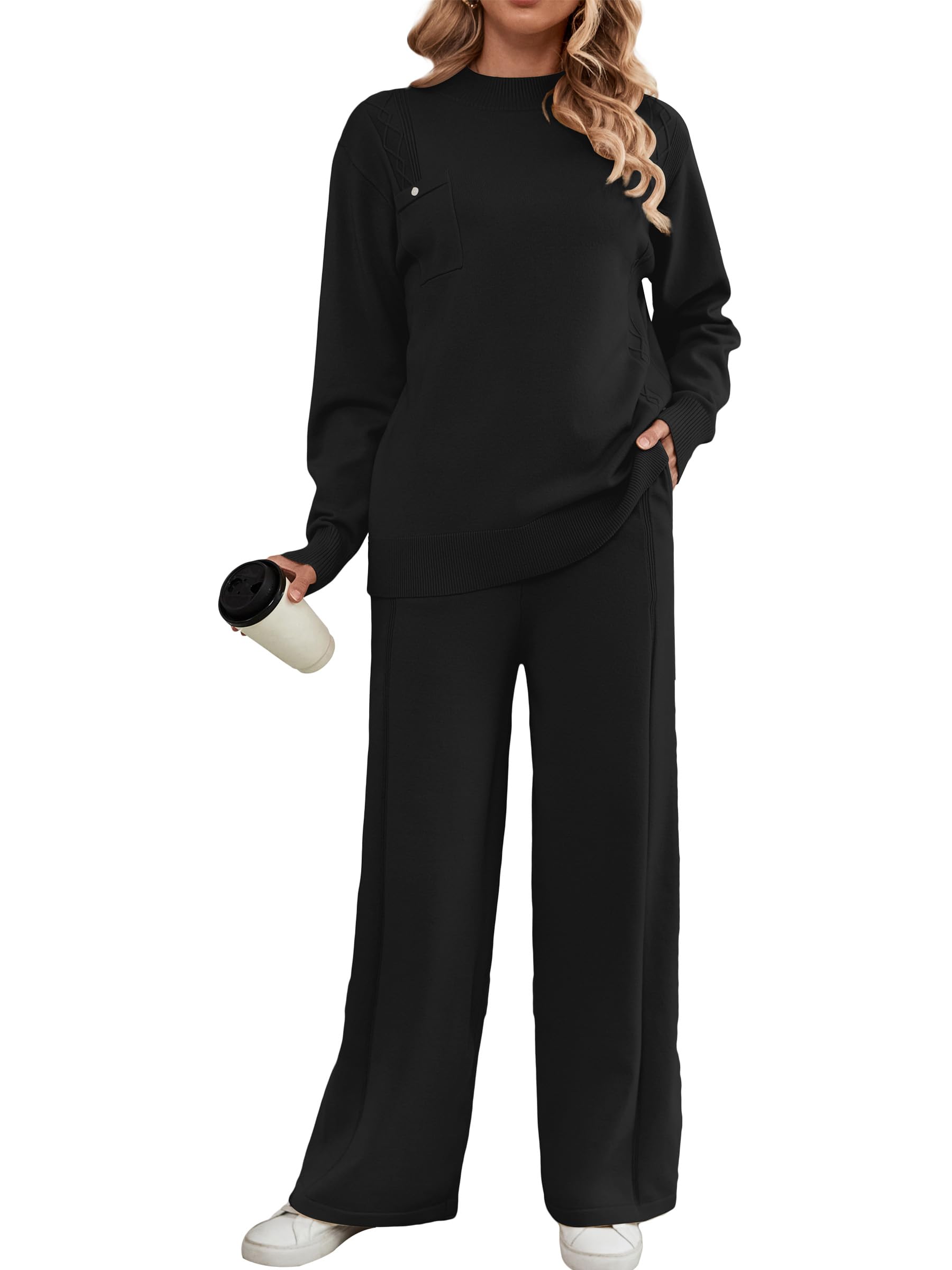 SuperPrity Women's Knit Sweater & Wide Leg Pants Lounge Set - 2 Piece Matching Outfit for Fall 2024 | Cozy Loungewear for Home, Yoga & Casual Wear