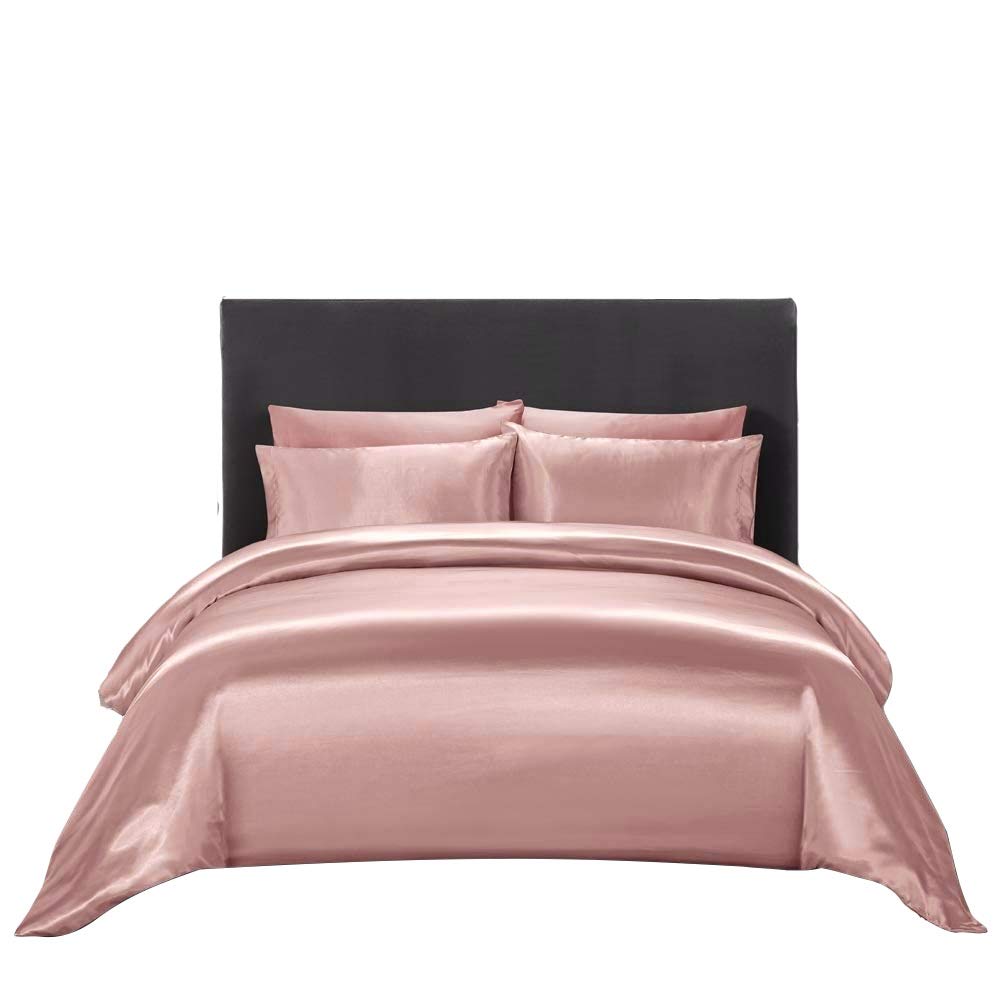 Ultra Soft Silk Satin King Size Peach 4-Piece Duvet Cover Set with Zipper Closure - Includes Duvet Cover, Fitted Sheet (19'' Deep Pocket), and 2 Pillowcases - Luxury Bedding for Master Bedroom & Guest Room Decor