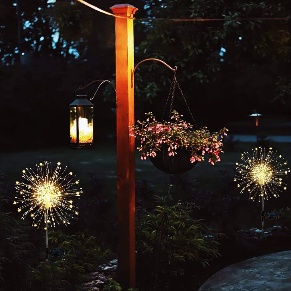 120 LED Solar Firework Lights - Warm White Copper Outdoor Garden Lights with 2 Modes | Waterproof Starburst Landscape Lighting for Pathway, Patio, Lawn, Backyard & Party Decorations (2 Pack) - Perfect for Evening Gatherings, Wedding Receptions & Holiday Celebrations