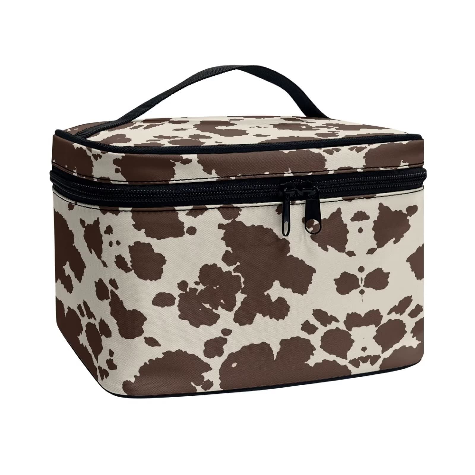 Stylish Brown Cowhide Travel Makeup Bag for Women - Portable Cosmetic Organizer with Carry Handle - Perfect for Toiletries Storage, Weekend Getaways & Airplane Essentials