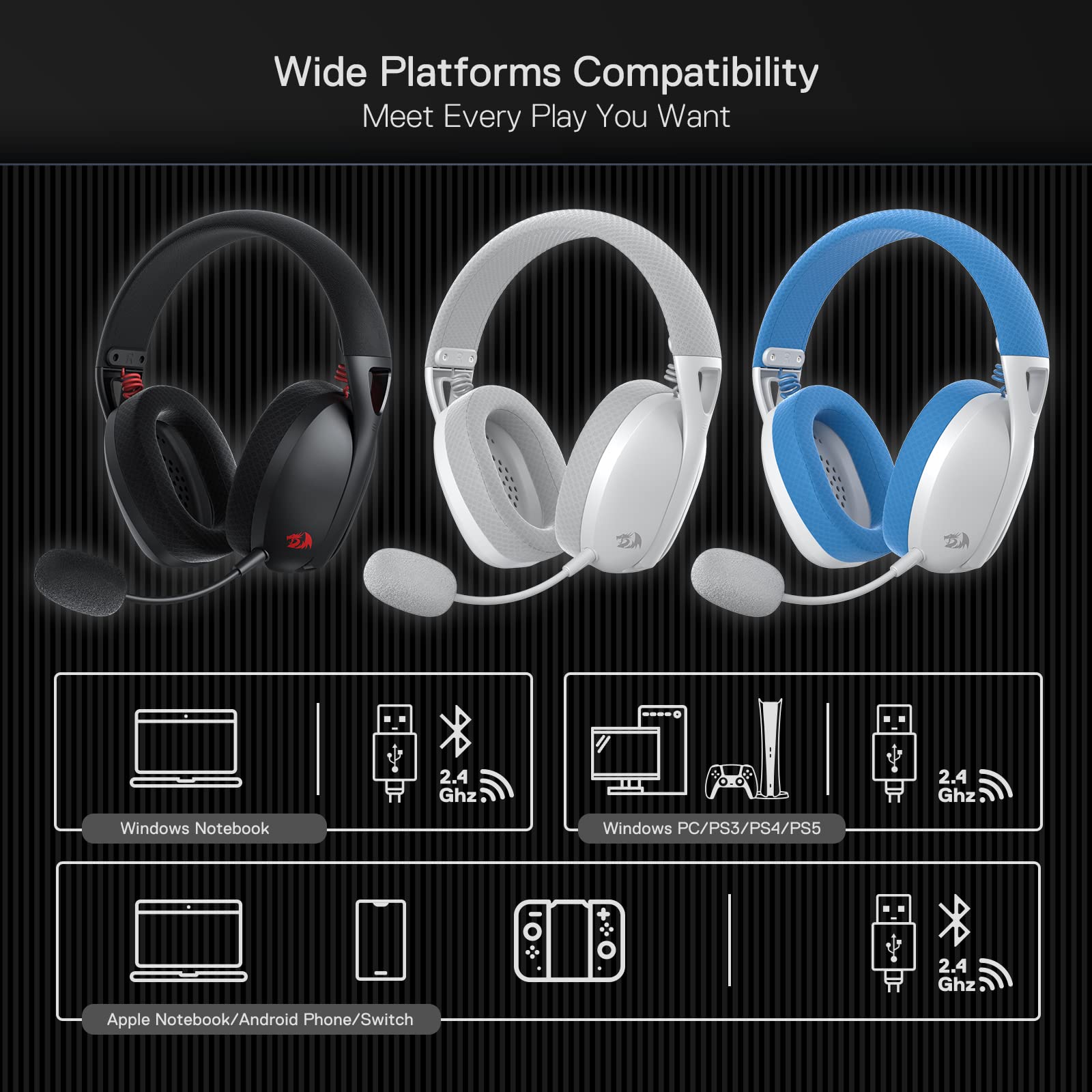 Redragon H848 BT Wireless Gaming Headset - Lightweight Over-Ear Headphones with 7.1 Surround Sound, 40MM Drivers & Detachable Mic - Compatible with PC, PS5/4/3, Nintendo Switch, Mobile - Perfect for Gaming, Streaming & Online Meetings
