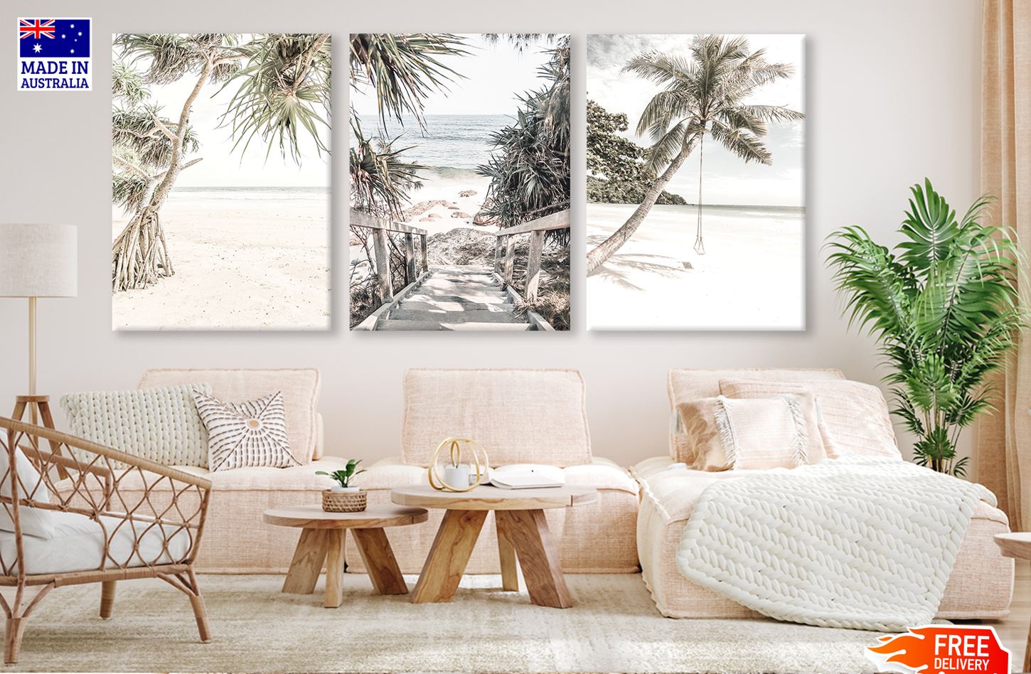 3-Piece Palm Tree & Ocean Beach Swing Wall Art Canvas Prints - High Quality 100% Australian Made Ready to Hang - Perfect for Living Room, Bedroom & Beach House Decor