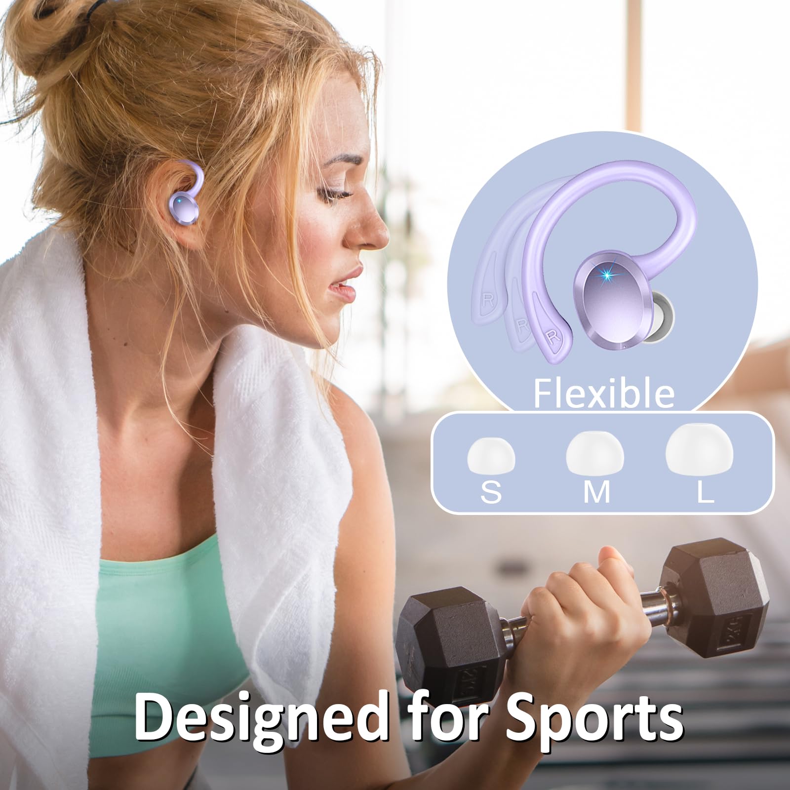 Wireless Bluetooth 5.3 Sports Earbuds with Ear Hooks, Hi-Fi Stereo Bass, 48H Playtime, Active Noise Cancelling, IP7 Waterproof - Perfect for Running, Workouts, Gym & Outdoor Activities - Compatible with Android, iOS, Laptop & Tablet