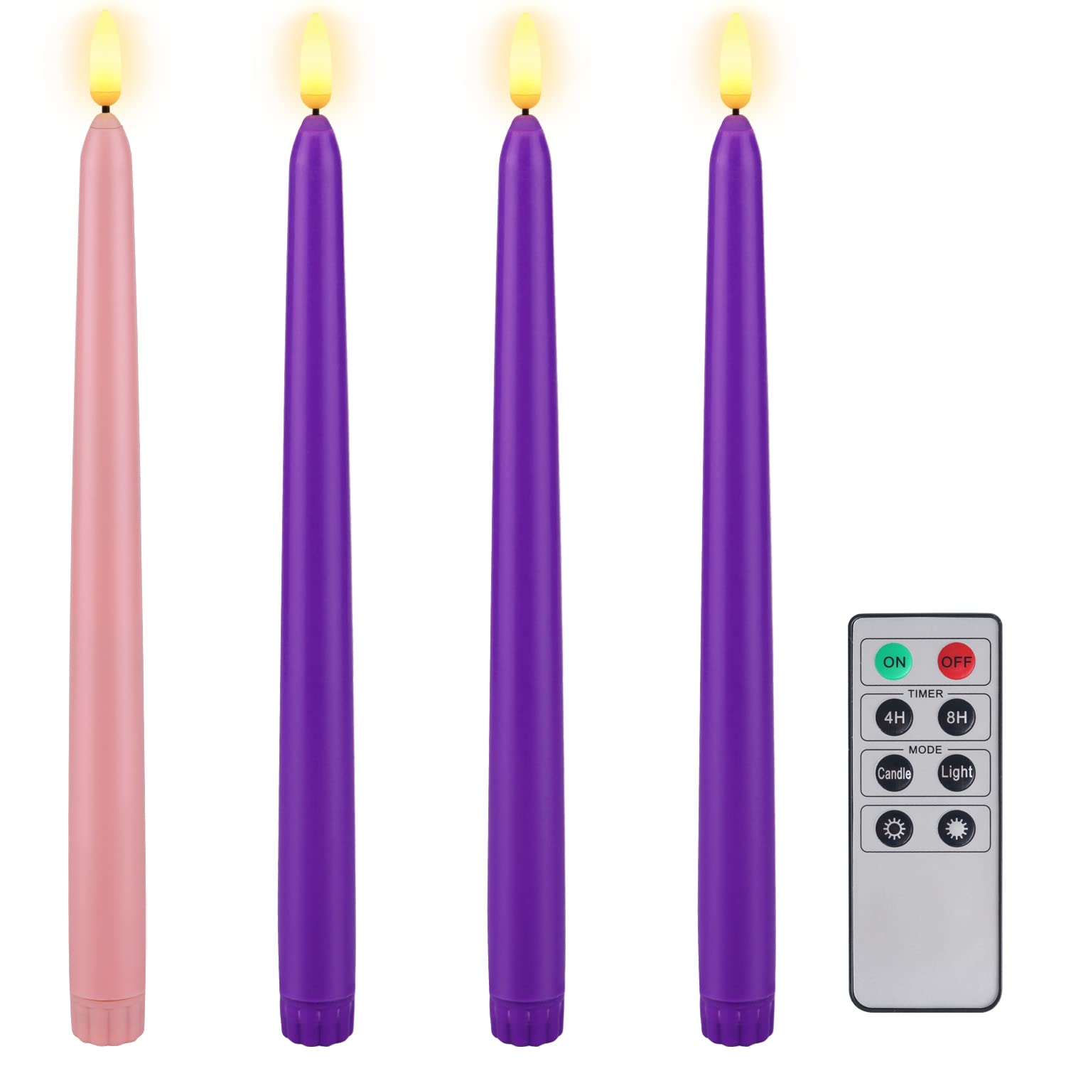 Homemory 11-Inch LED Taper Candles with Remote & Timer - Battery Operated Flameless Flickering Candles for Christmas Decor, Catholic Wreaths, Advent Wreaths - Set of 3 Purple & 1 Pink Candles - Perfect for Holiday Home Decor, Church Altars, and Festive Centerpieces