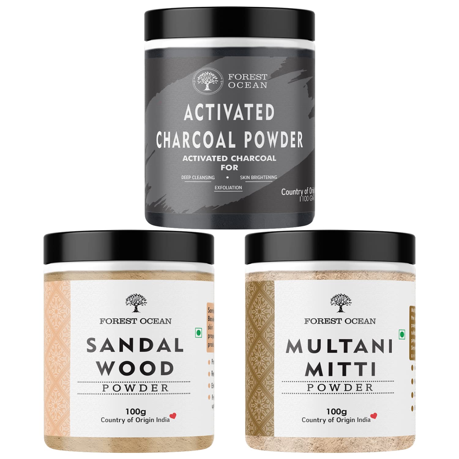 Forest Ocean Sandalwood Powder, Multani Mitti Powder & Activated Charcoal Powder Combo Pack (100g Each - 3 Pack) - Natural Hair Care, Face Wash & Skin Treatment - Perfect for DIY Beauty Masks, Acne Treatment & Scalp Detox