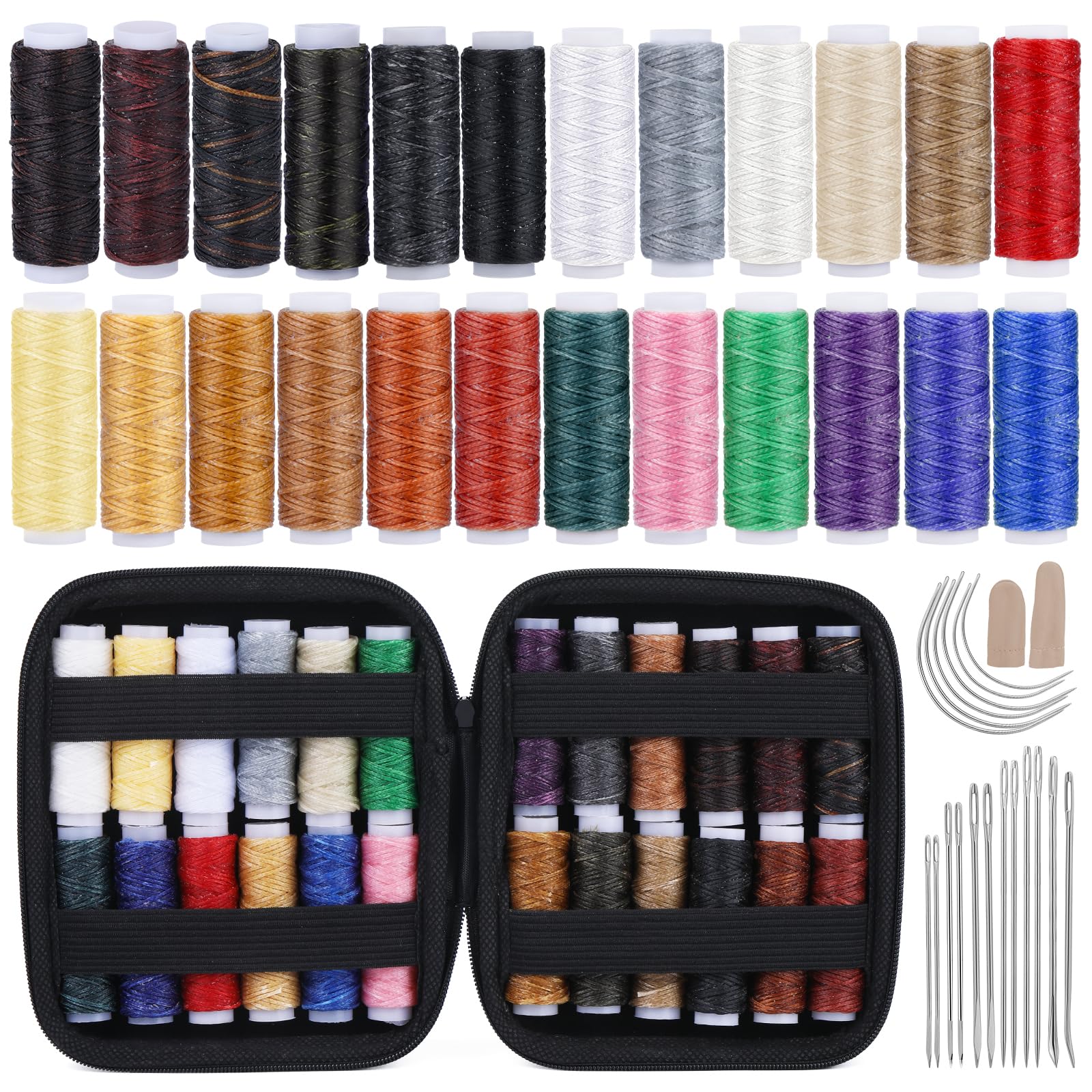 Premium Leather Sewing Kit for Beginners - 24-Color Waxed Thread Set with Needles & Essential Tools | DIY Leather Craft, Shoe Repair, Bag Making & Travel Sewing Supplies