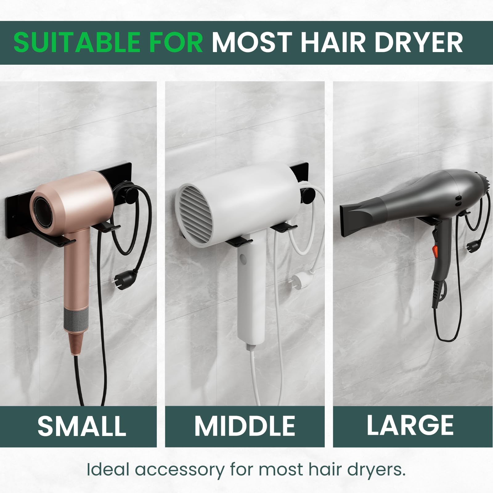 Universal Wall Mounted Hair Dryer Holder - Compatible with Most Blow Dryers, Bathroom Storage Organizer for Hair Styling Tools (Ideal for Home, Salon, Spa & Gym)
