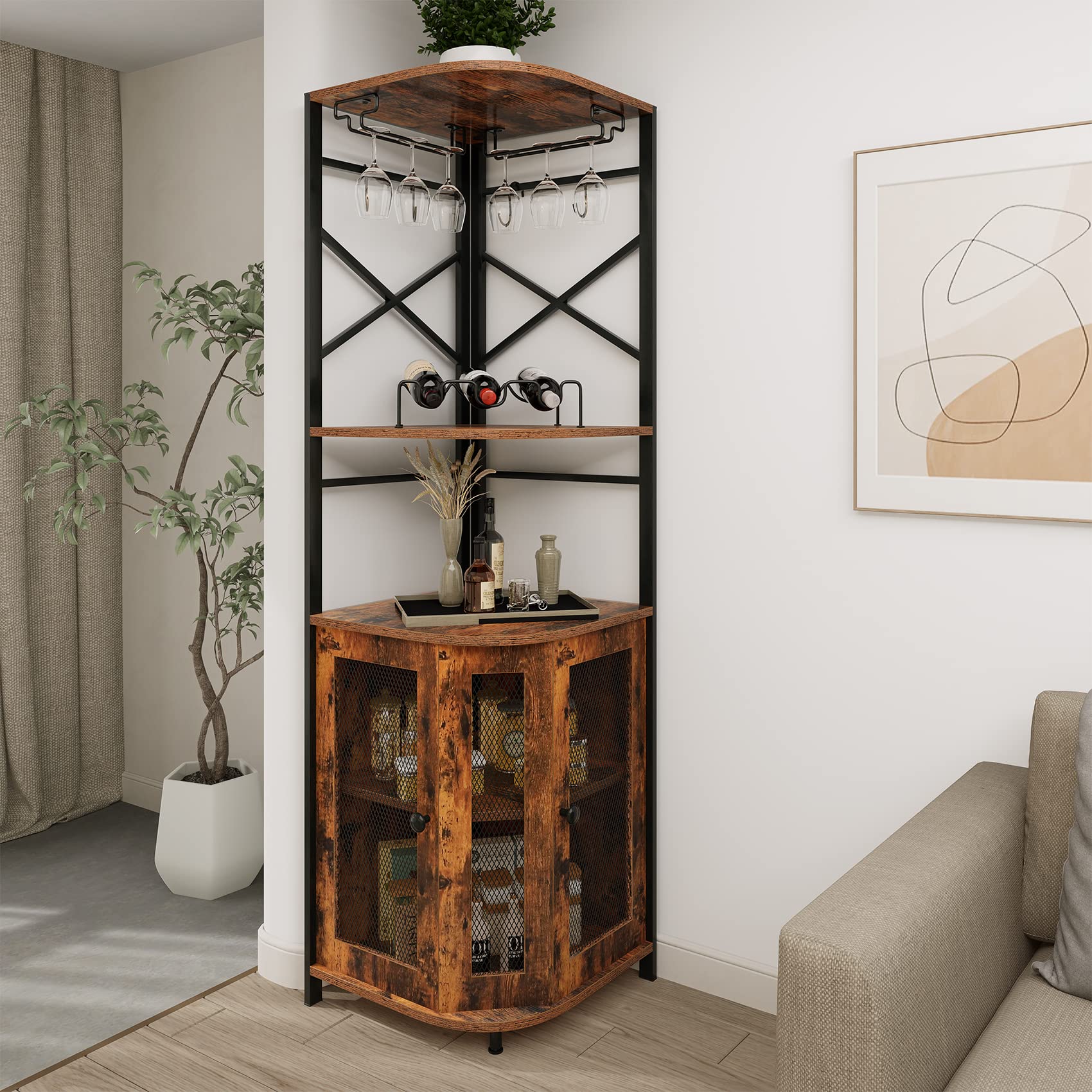 Rustic Brown Corner Bar Cabinet with Wine Rack, Glass Holder & Adjustable Shelves - Mesh Door Liquor Storage Cabinet for Home Bar, Dining Room or Entertainment Area