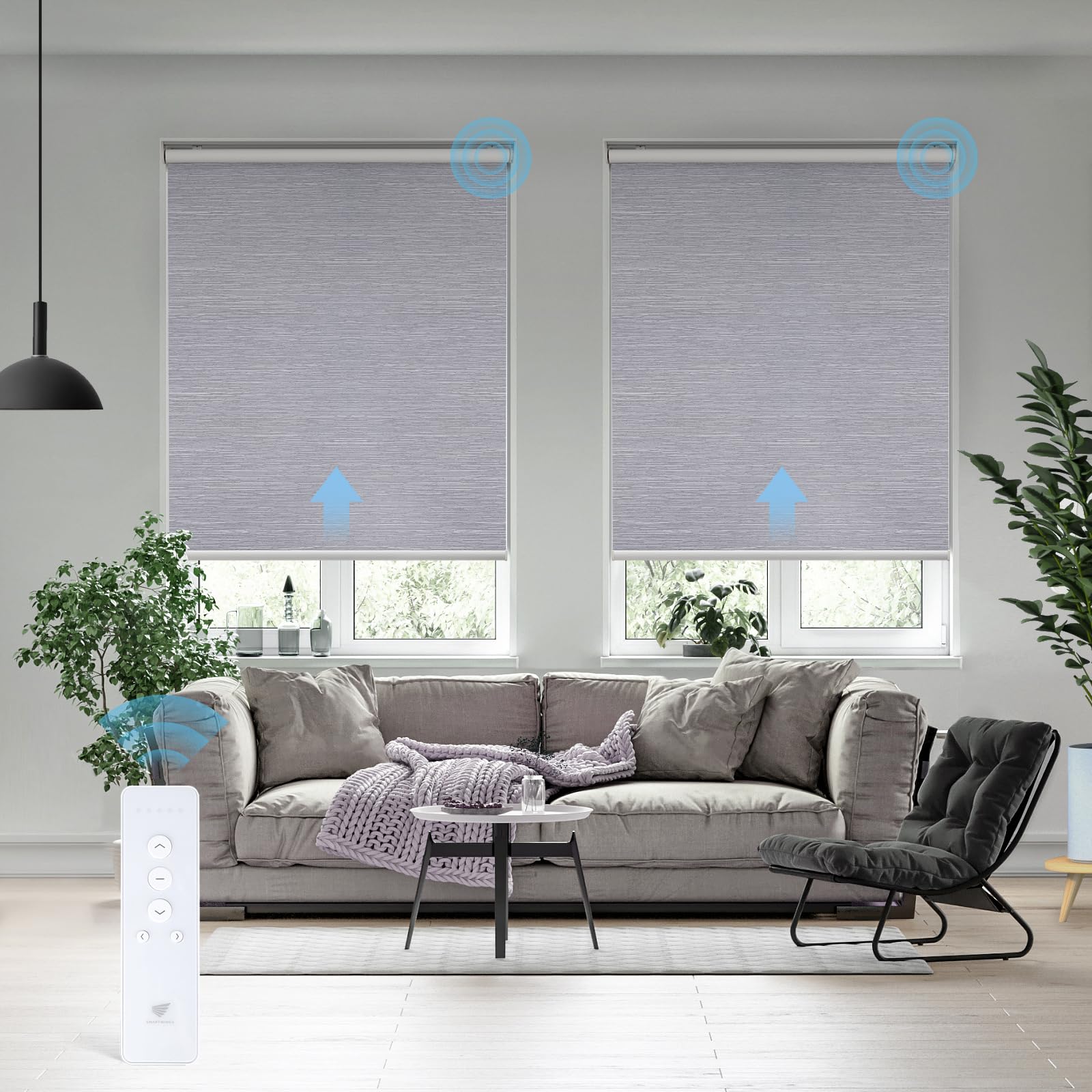SmartWings Motorized Roller Shade with Remote Control - 100% Blackout Cordless Electric Window Blinds for Home & Office - Rechargeable Solar-Powered Motor - Light Grey 28
