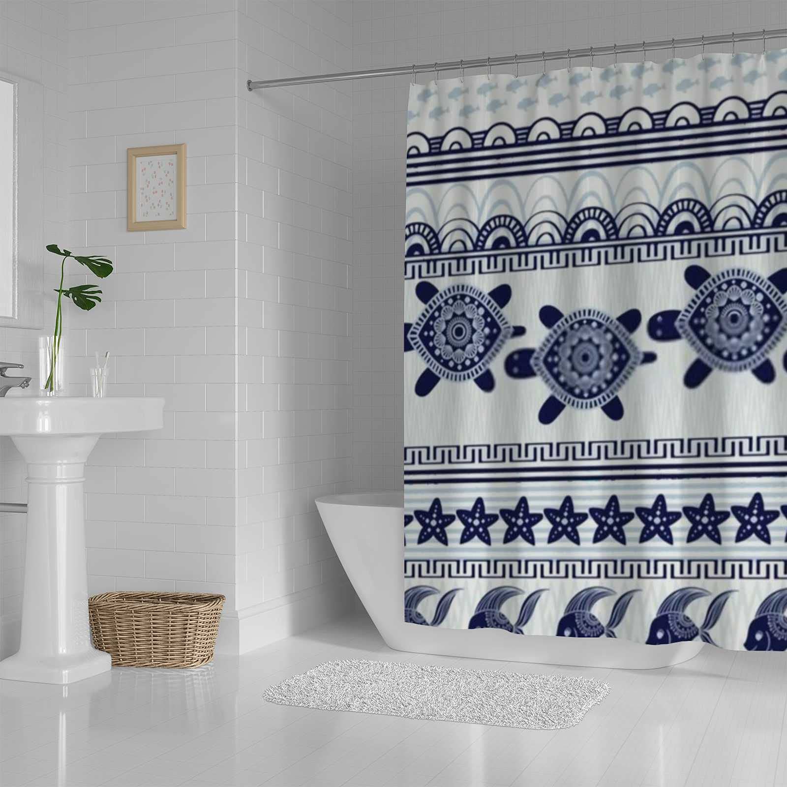 Vantaso Waterproof Shower Curtain - Boho Beach Theme with Turtles & Starfish Design - Navy Blue Bathroom Decor - Machine Washable 72x60 Inches - Perfect for Coastal, Nautical or Beach House Bathrooms