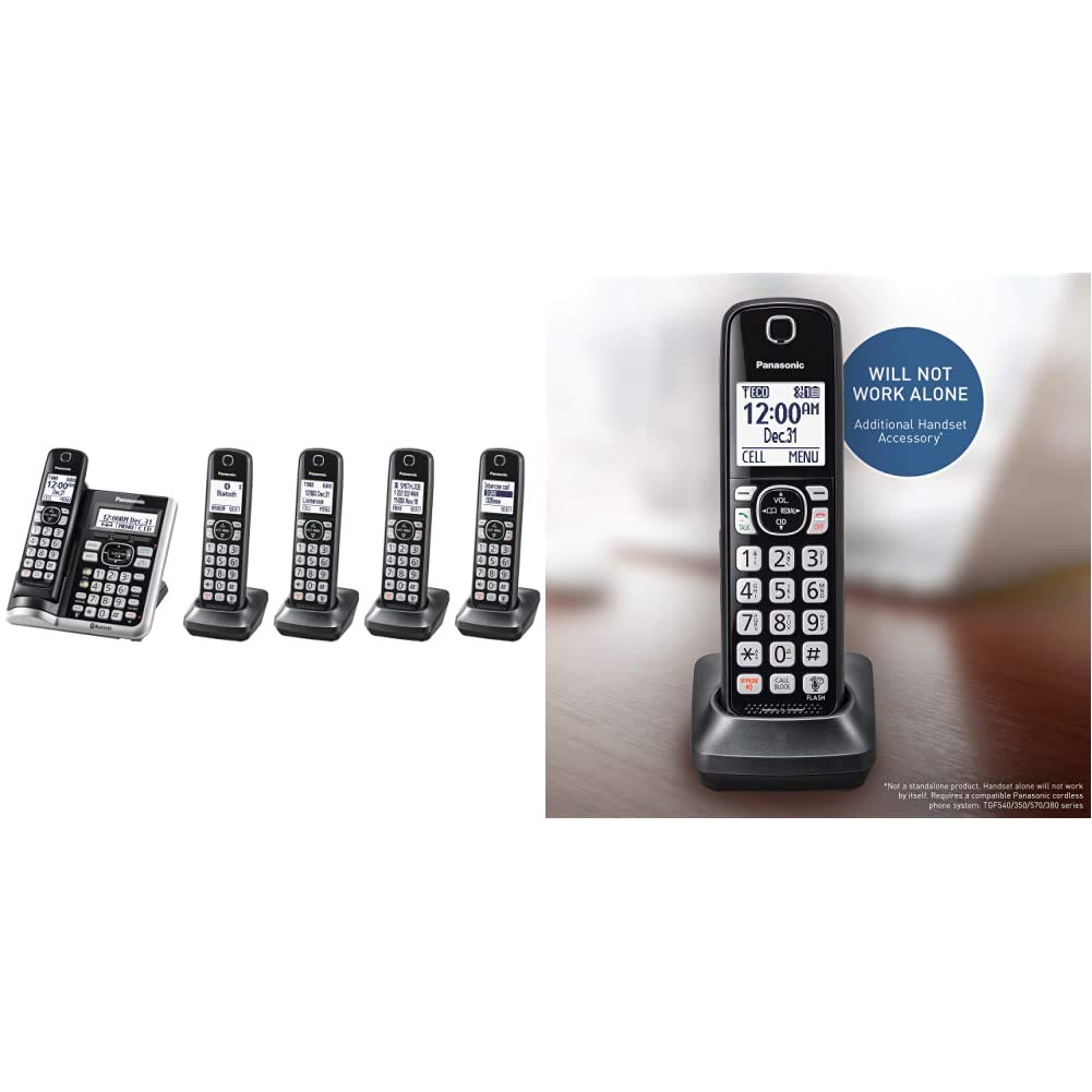 Panasonic KX-TGF575S Link2Cell Bluetooth Cordless Phone System with 5 Handsets (Silver) & KX-TGFA51B Handset Accessory for TGF540/570/TG785 Series (Black) - Wireless Home & Office Communication Solution