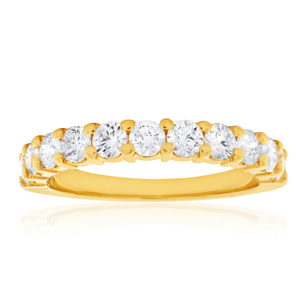 18K Yellow Gold Diamond Ring - 1 Carat Total Weight with 10 Brilliant Cut Diamonds | Elegant Wedding Band, Anniversary Gift, Engagement Ring for Women
