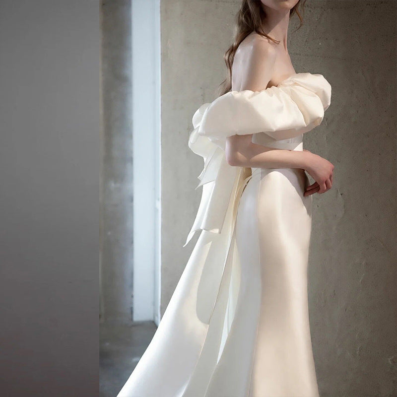Elegant White Satin Mermaid Off-Shoulder Wedding Dress - Long Prom Gown for Brides & Formal Events | Perfect for Beach Weddings, Evening Galas & Special Occasions