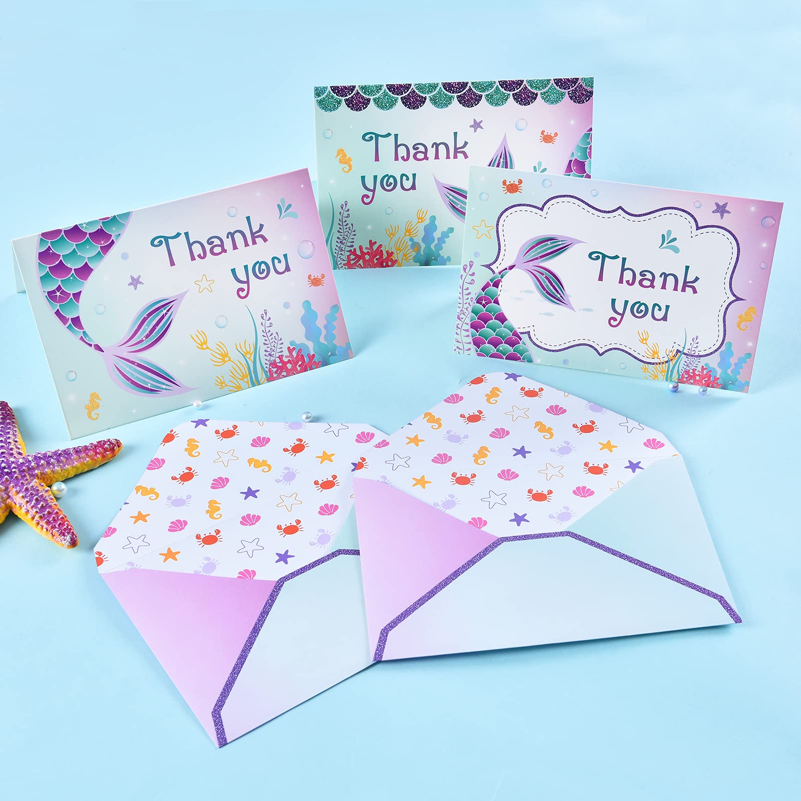 WERNNSAI Mermaid Thank You Cards - 24 Sets with Envelopes for Birthday Gifts & Party Favors