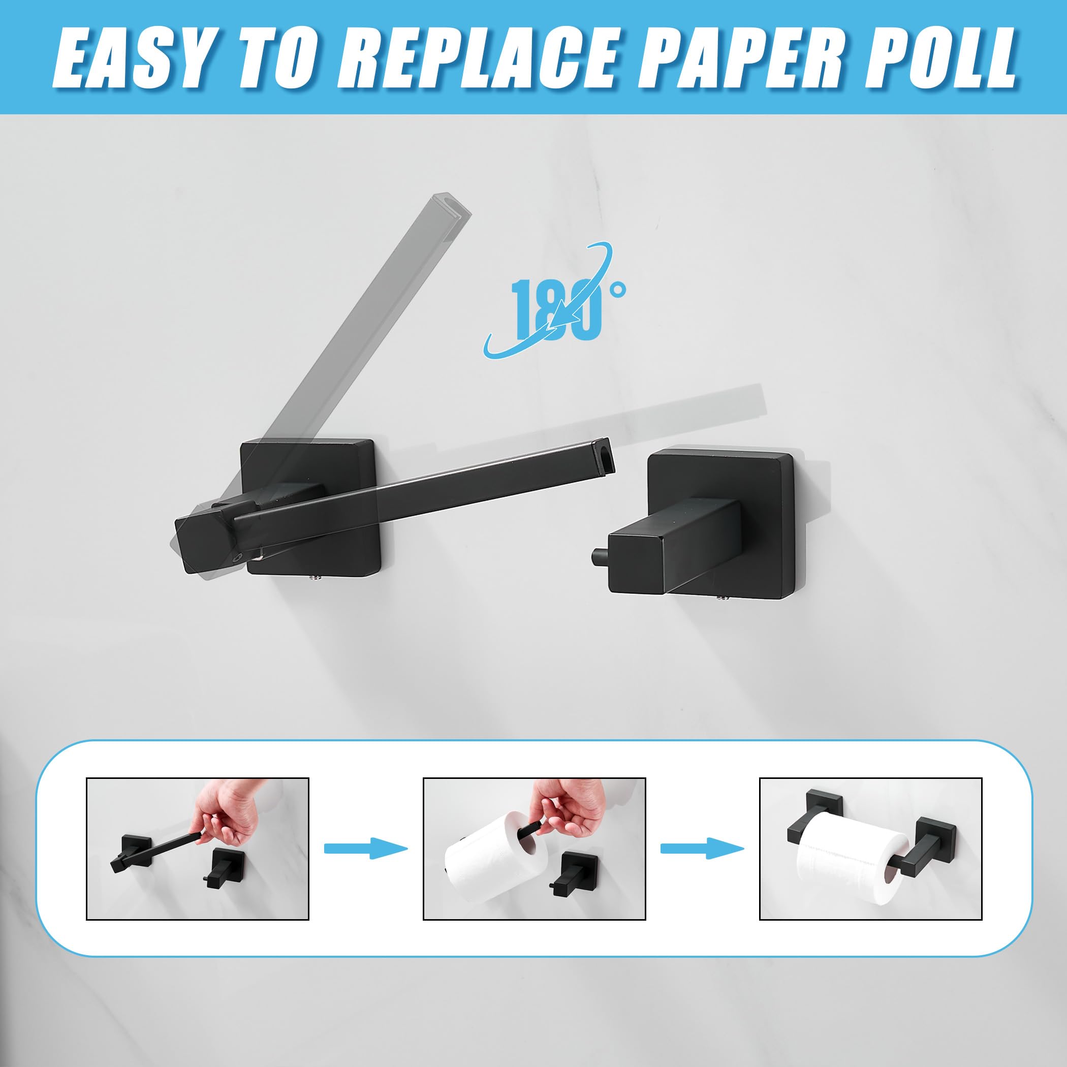 Modern Matte Black Wall Mount Toilet Paper Holder - Square Double Base Bathroom Tissue Roll Holder for Home & Office Use