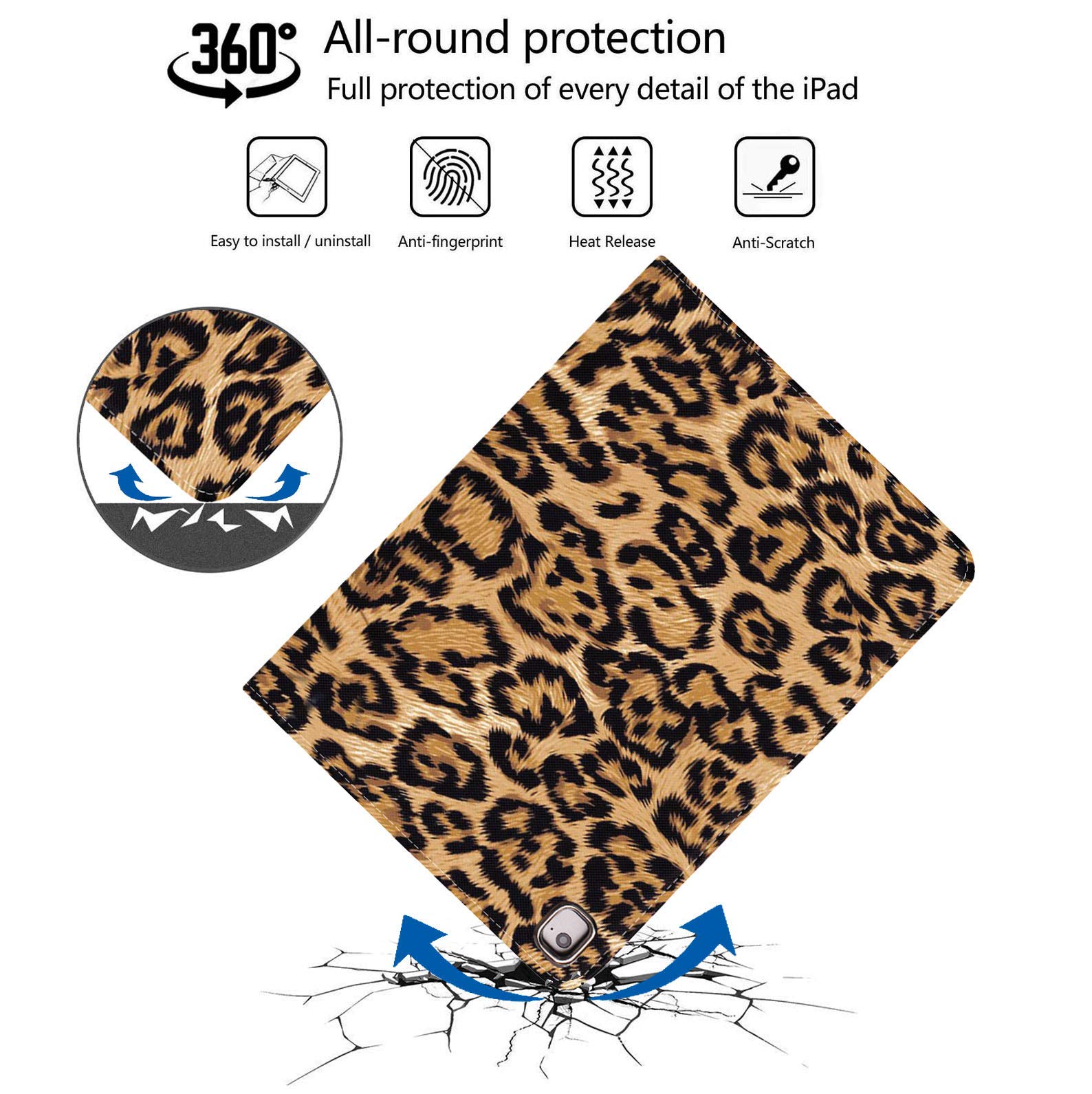 Premium Protective Case for iPad 9.7 (2017/2018), iPad Air 1/2, iPad 5th/6th Gen - Soft Rubber Back Cover with Auto Wake/Sleep & Adjustable Leather Stand (Leopard Print) - Perfect for Work, Travel, and Home Use