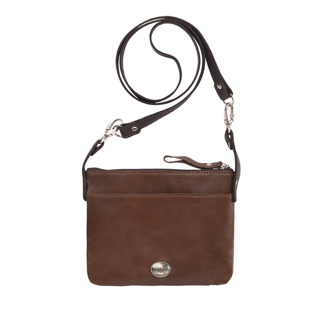 American West Trail Rider 8in Distressed Charcoal Brown Leather Crossbody Bag for Women | Vintage Cowboy Style Purse | Perfect for Travel, Hiking & Western Fashion Outfits