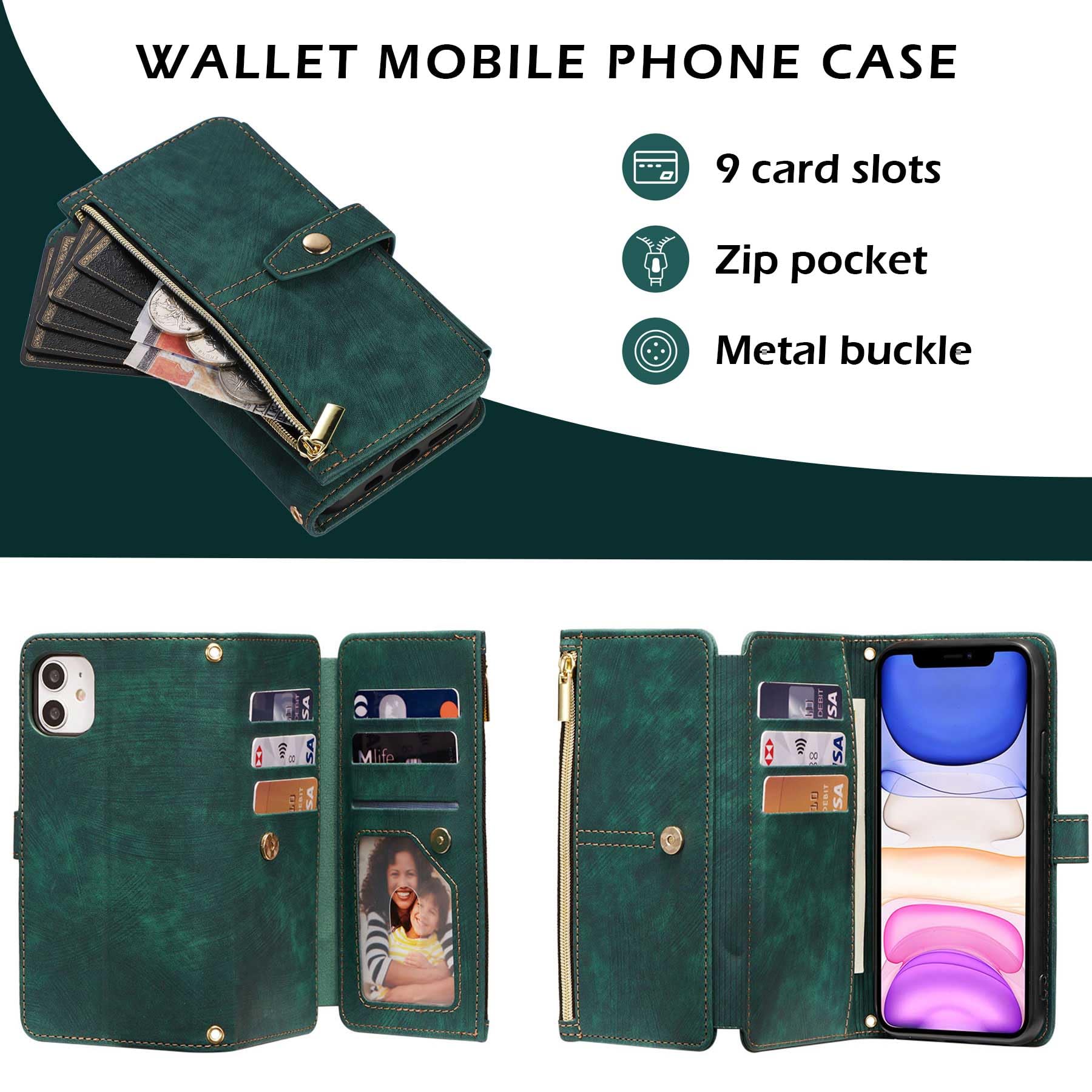 Premium Zipper Leather Wallet Case for iPhone X/Xs - Flip Cover with Wrist Strap & Card Slots, Green | Perfect for Daily Use, Travel & Hands-Free Convenience