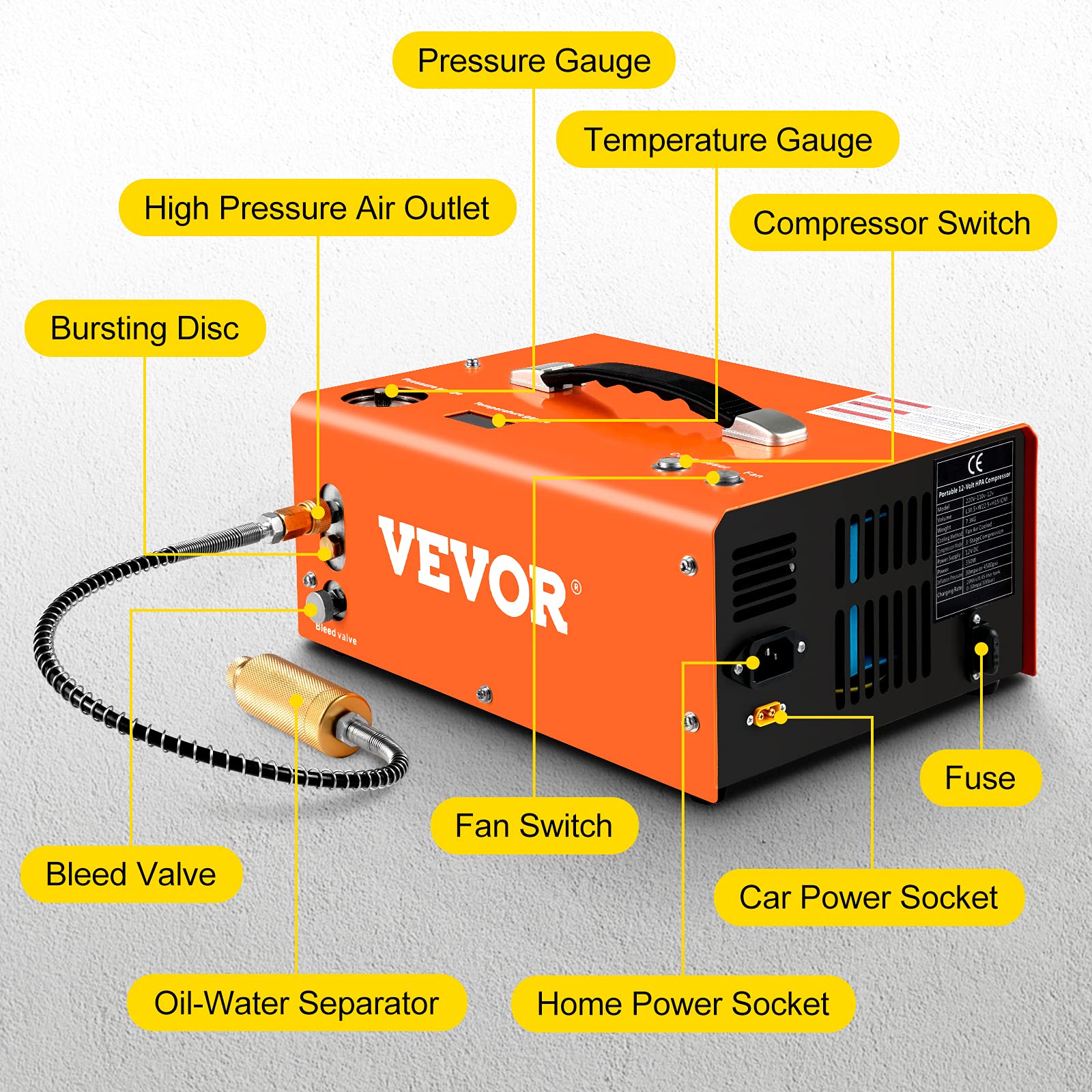 VEVOR 4500PSI PCP Air Compressor, Portable 12V DC/110V-220V AC Airgun Compressor with Auto-Stop, Built-in Adapter & Fan Cooling - Ideal for Paintball, Air Rifles, Scuba Tanks & Mini Diving Bottles | Perfect for Hunting, Shooting Sports & Outdoor Adventures