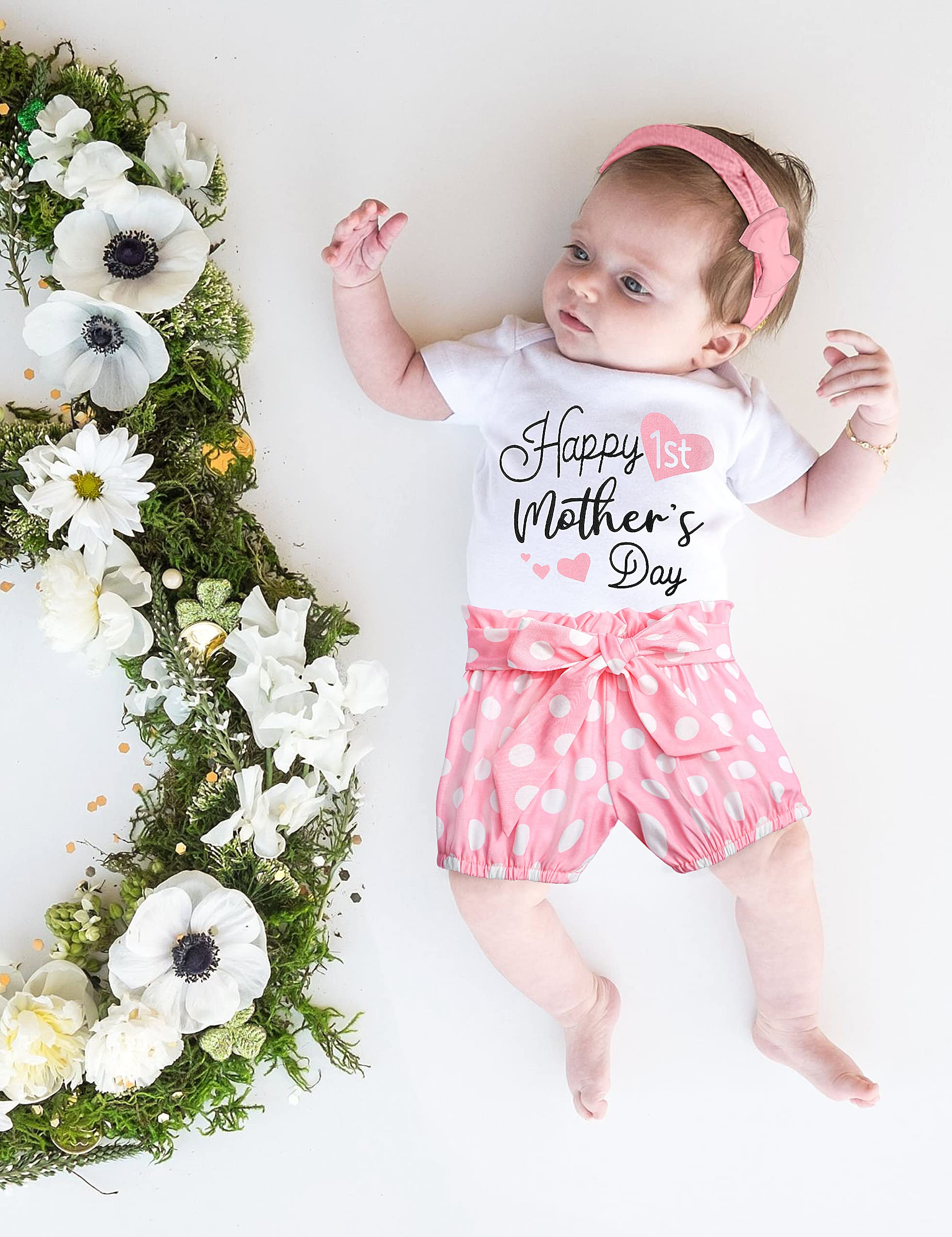 Von Kilizo Baby Girl Outfit - Newborn Short Sleeve Romper with Headband & Shorts | Summer Baby Clothes | Perfect for Mother's Day Gifts, Photo Shoots & Playtime