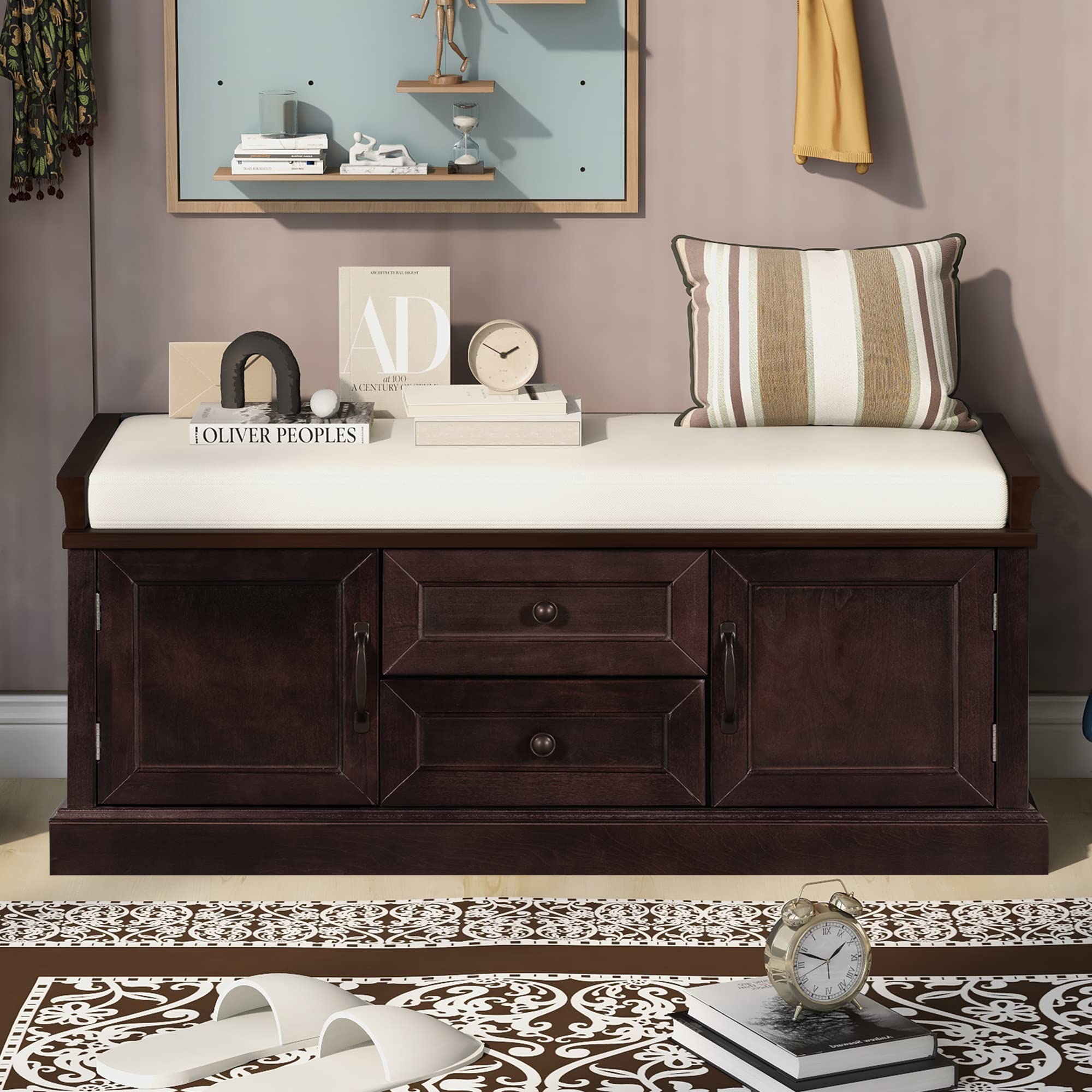 Merax 2-Drawer 2-Cabinet Storage Bench with Removable Cushion - Espresso Shoe Bench for Entryway, Living Room & Bedroom - Perfect for Organizing Shoes, Blankets & Home Decor