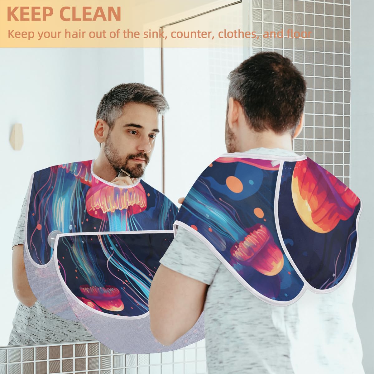 Jellyfish Ocean Space Beard Shaving Bib for Men - Waterproof Hair Dye Apron & Makeup Cape for Women - Barber Hair Cutting Accessories - Sink Hair Catcher for Beard Trimming & Lineup - Perfect for Home Grooming & Salon Use