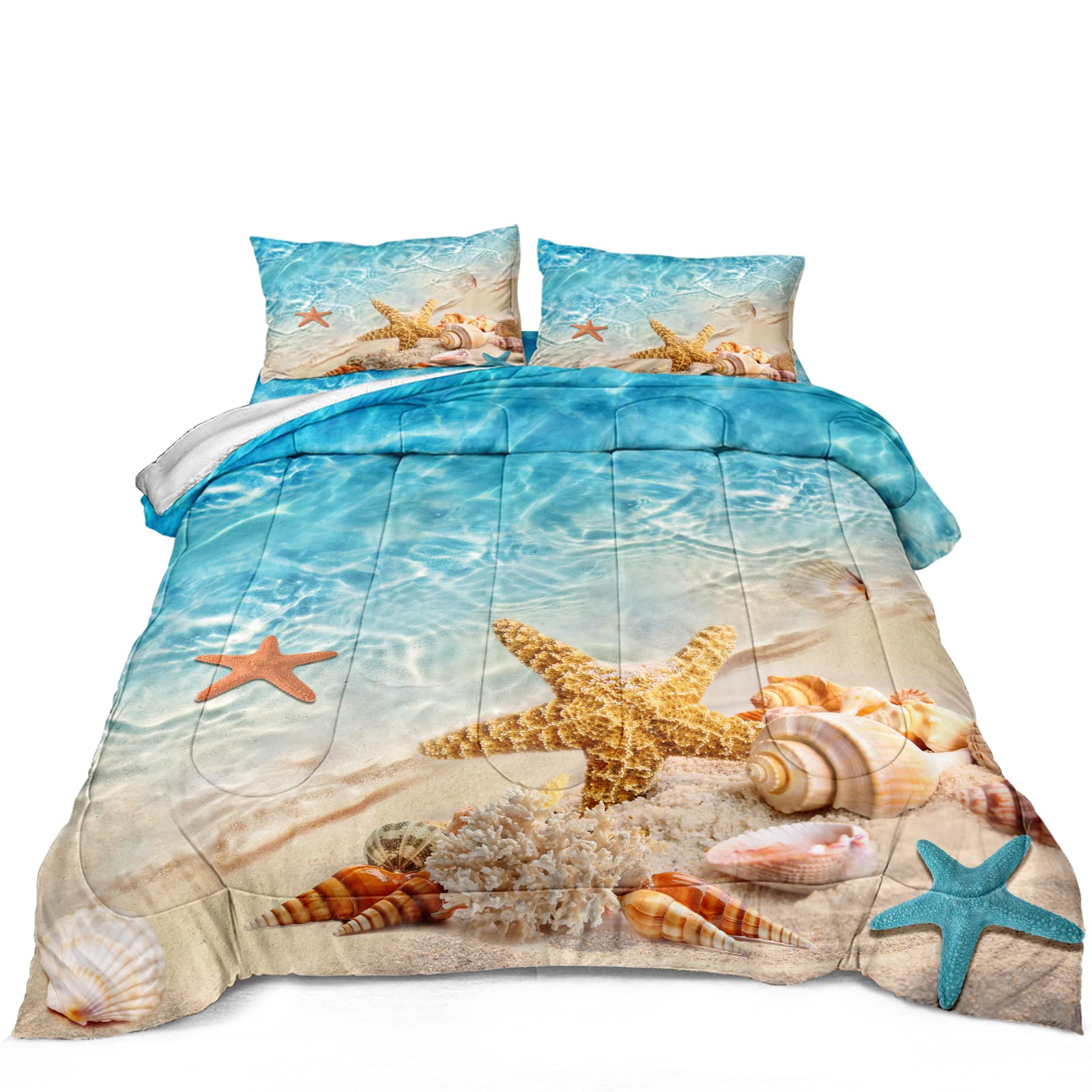 Queen Size Coastal Beach Theme Comforter Set - Turquoise Ocean Starfish Marine Life Bedding, Soft Microfiber 3-Piece Quilt Set (Aqua) | Perfect for Beach House, Guest Room & Coastal Decor