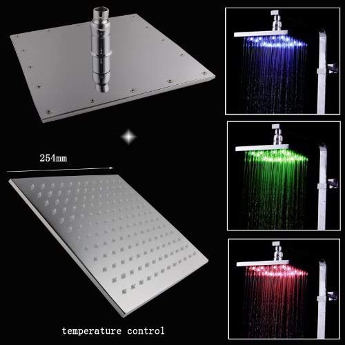 Cascada 10 Inch Brushed Gold Ceiling Mount Rainfall LED Shower Head with Shower Arm - Modern Water Saving Bathroom Fixture for Spa-Like Relaxation and Luxury Home Upgrade