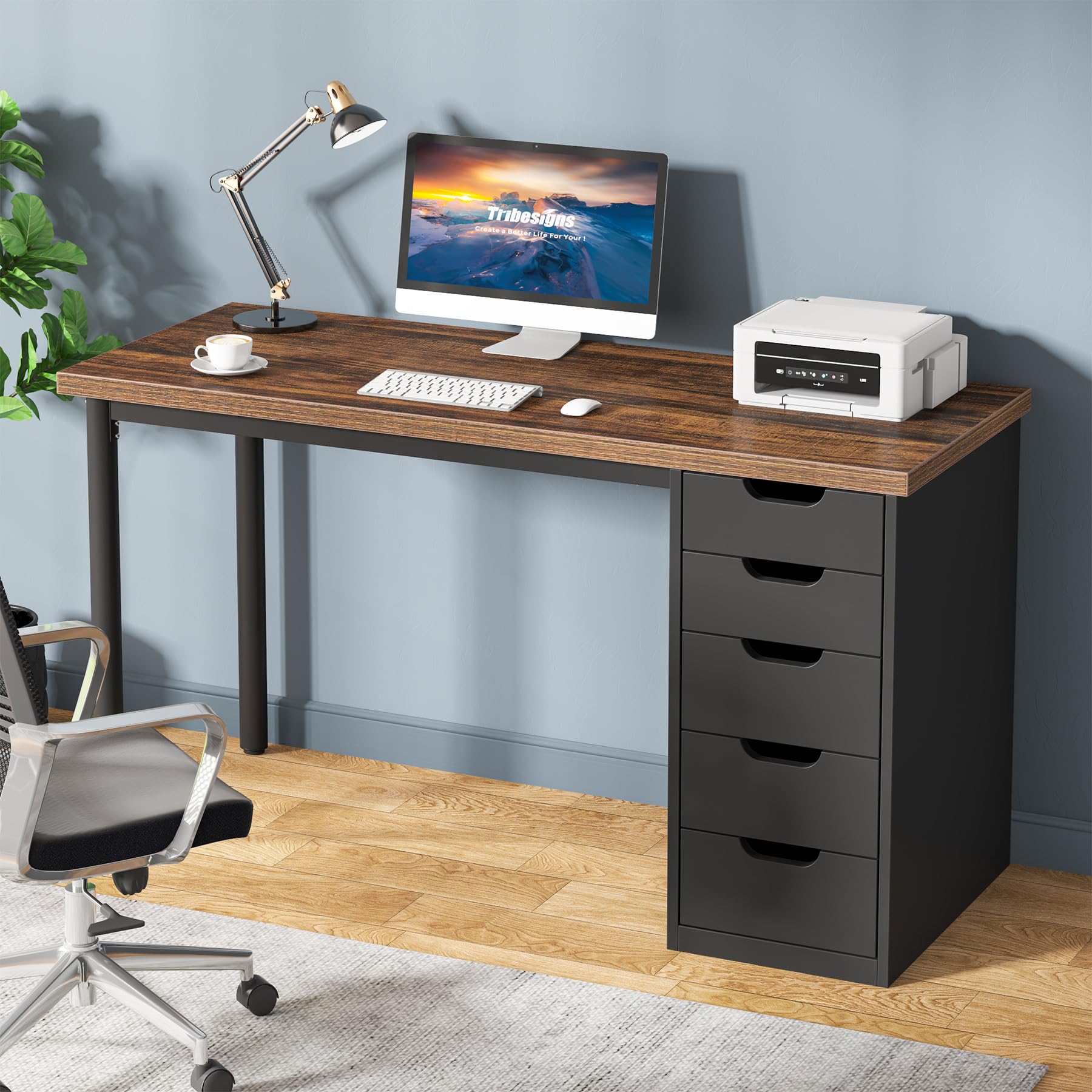 Tribesigns 47-inch Rustic Brown Computer Desk with 5 Drawers - Modern Home Office Desk with Storage, Space-Saving Laptop Study Writing Table for Small Spaces (Brown+Black) - Perfect for Home Office, Dorm Room & Small Apartments