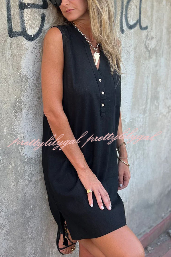 Solid Color Sleeveless V-Neck Casual Pocket Mini Dress for Women - Summer Beach Party, Date Night & Vacation Outfit