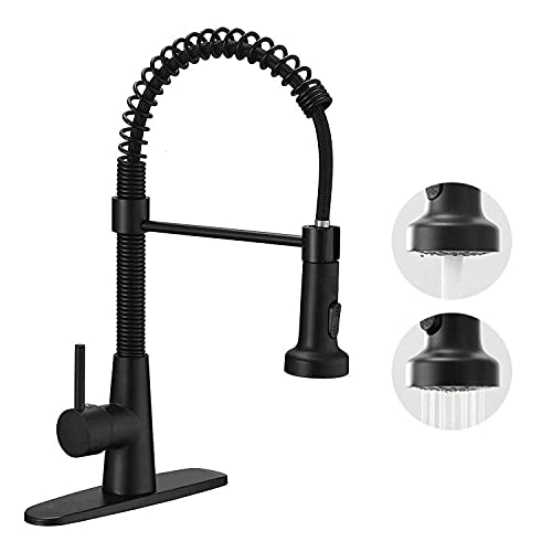 Matte Black Single Handle Pull Down Sprayer Kitchen Faucet - Commercial Grade Spring Sink Faucet with Cover Plate | Perfect for Restaurant & Home Kitchen Renovation