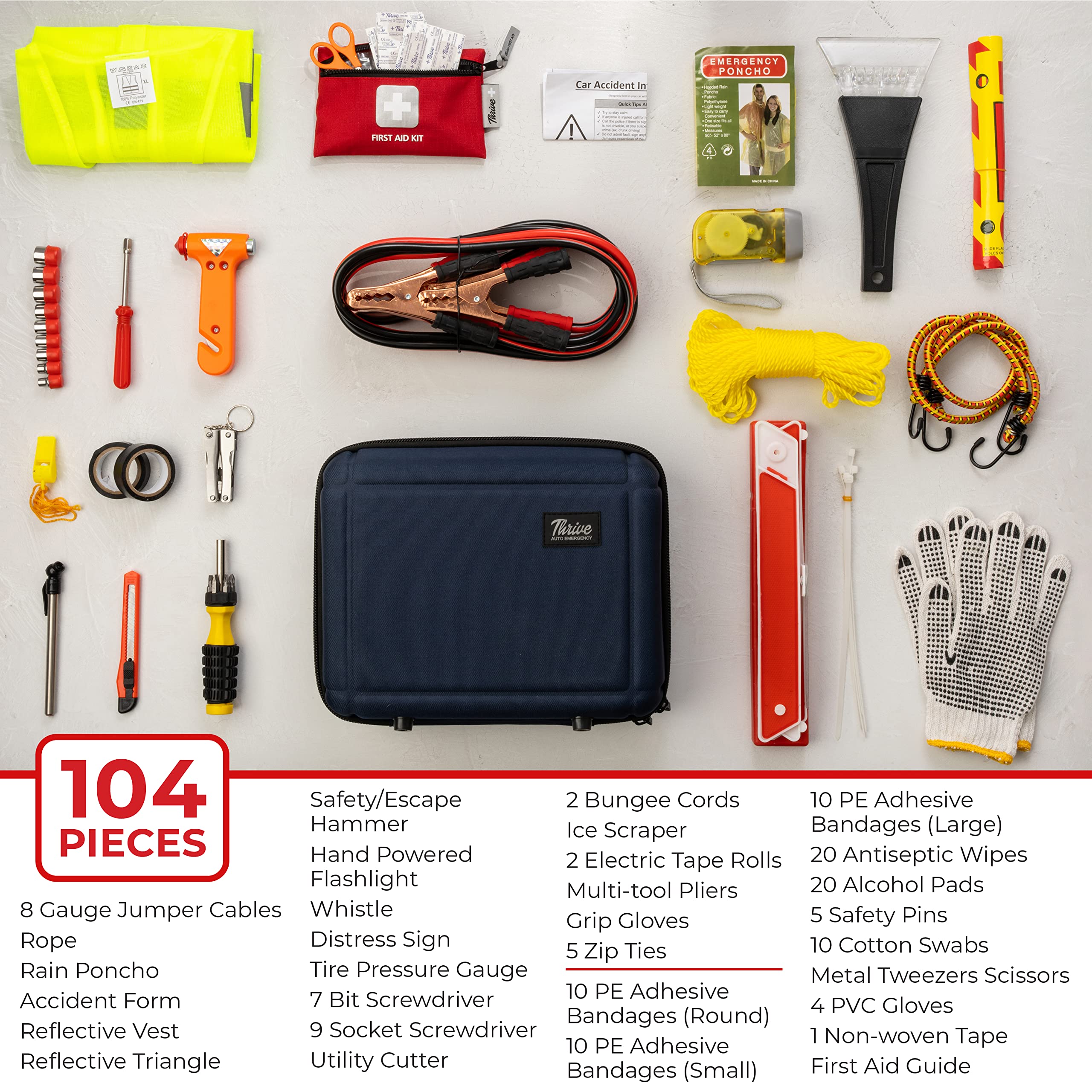 Thrive 104-Piece Emergency Car Kit for Roadside Assistance - Includes Jumper Cables, First Aid Kit & Essential Tools (Navy Shell Case) - Perfect for Road Trips, Winter Driving & Vehicle Emergencies