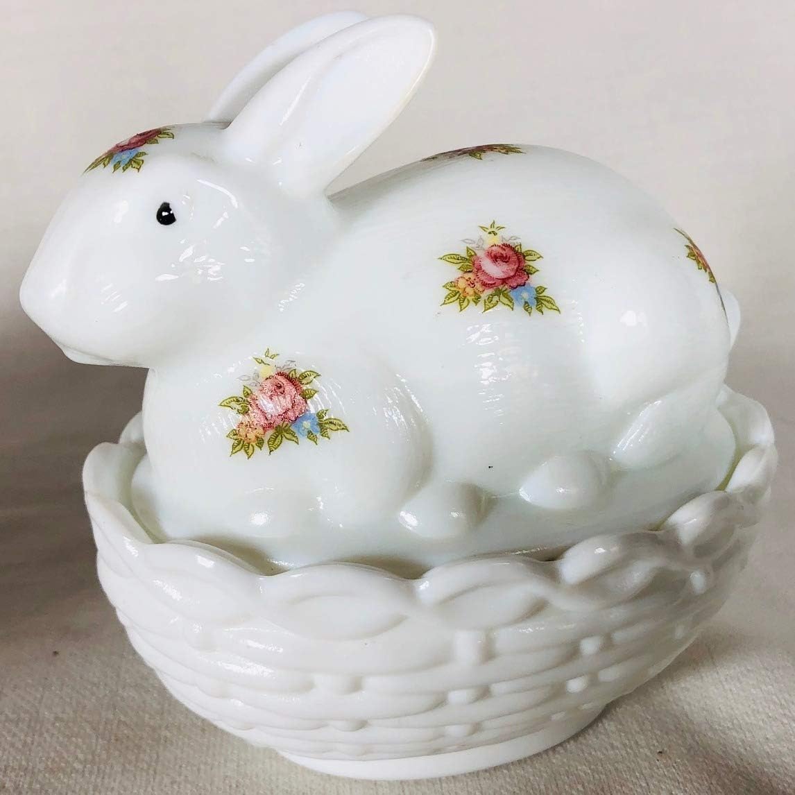 Handpainted Bunny Covered Easter Rabbit Dish - Rosso Exclusives American Made Mosser Glass - Milk with Red Roses Decor - Perfect for Easter Decorations, Spring Table Centerpiece & Gift Giving