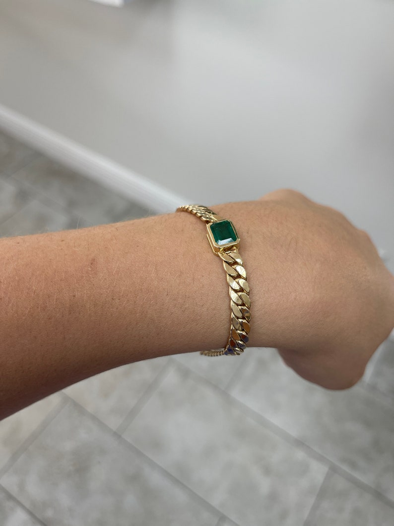 2.80ct 14K Gold East-West Emerald Cut Cuban Link Bracelet for Men - Natural Solitaire Flat Curb Chain - Perfect for Weddings, Gifts & Formal Occasions