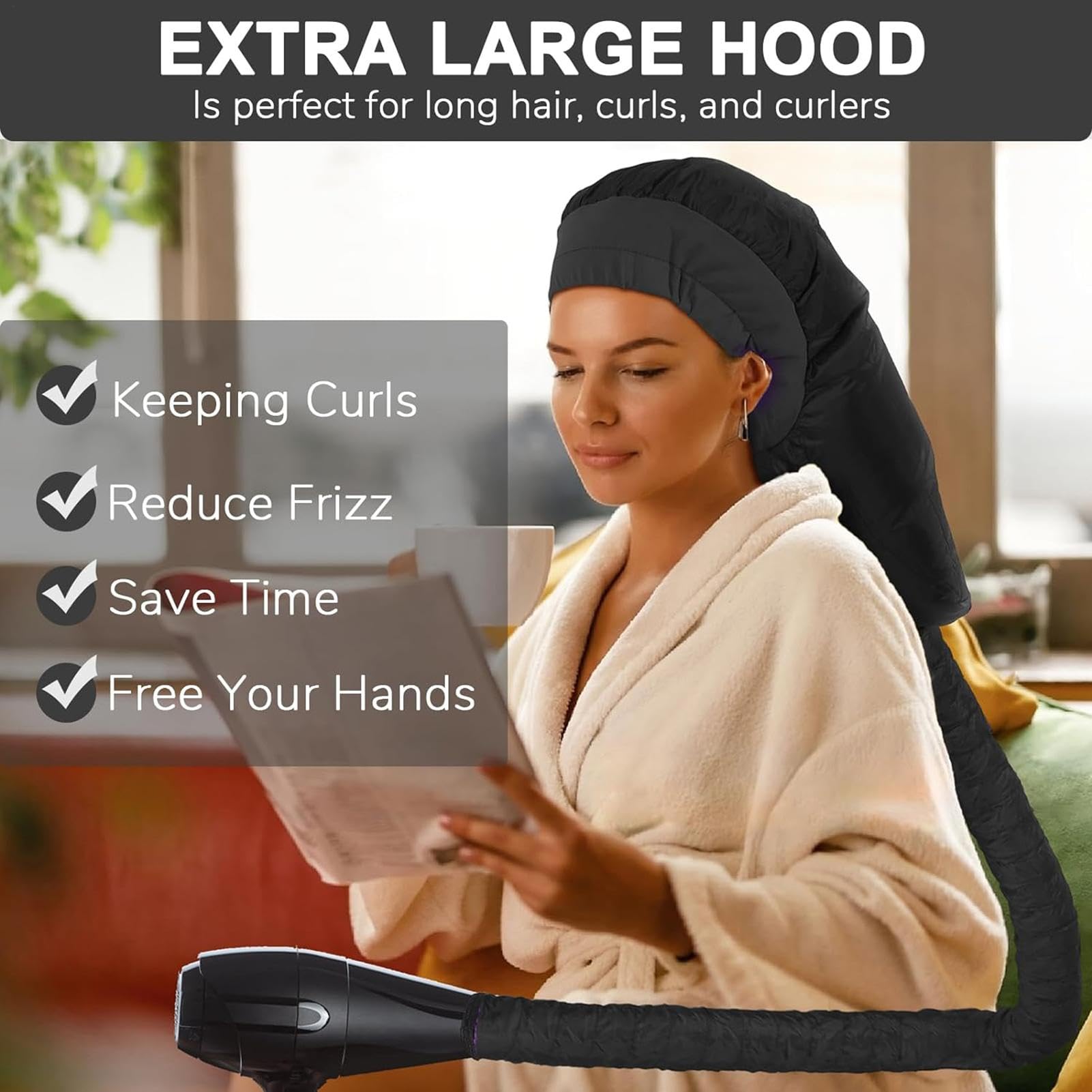 Professional Bonnet Hair Dryer for Curly & Long Hair - Large Hooded Hair Dryer Attachment for Braids, High-Volume & Natural Hair - Perfect for Salon, Home Use & Travel Styling