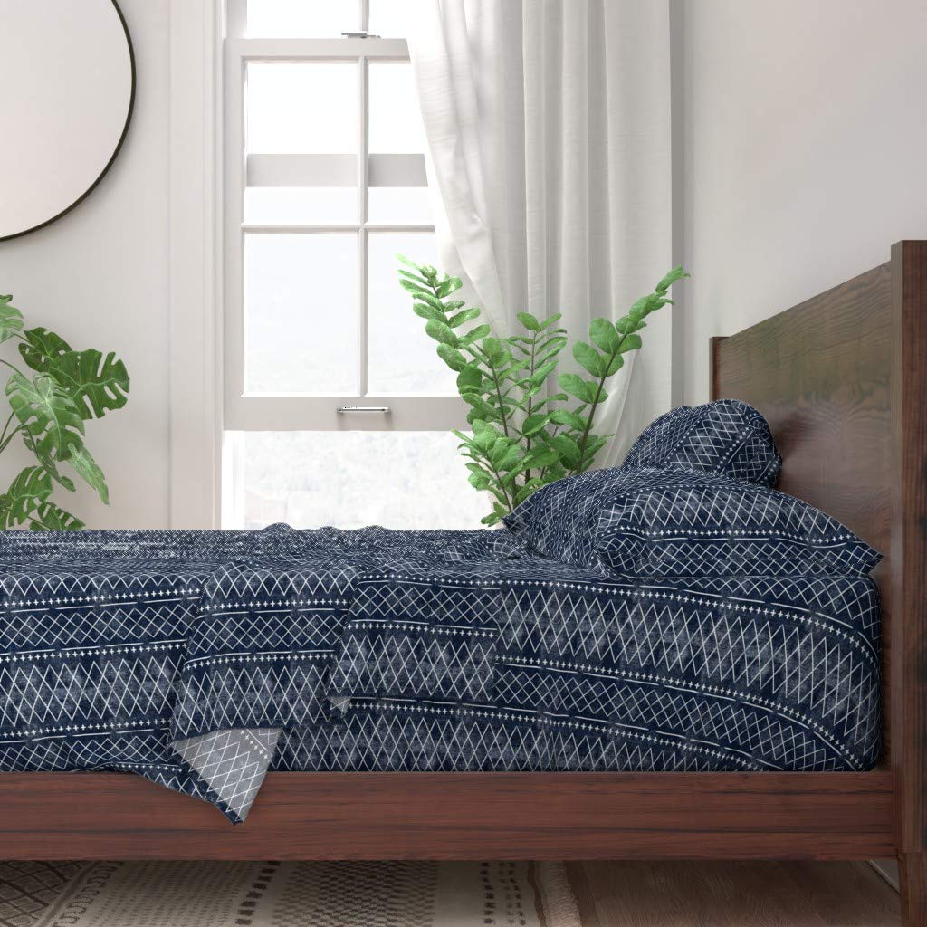 Vintage Moroccan Blue Mudcloth Print 100% Cotton Twin Sheet Set, 3-Piece Boho Distressed Bedding for Modern & Eclectic Bedrooms - Perfect for Guest Rooms, Dorms & Bohemian Home Decor