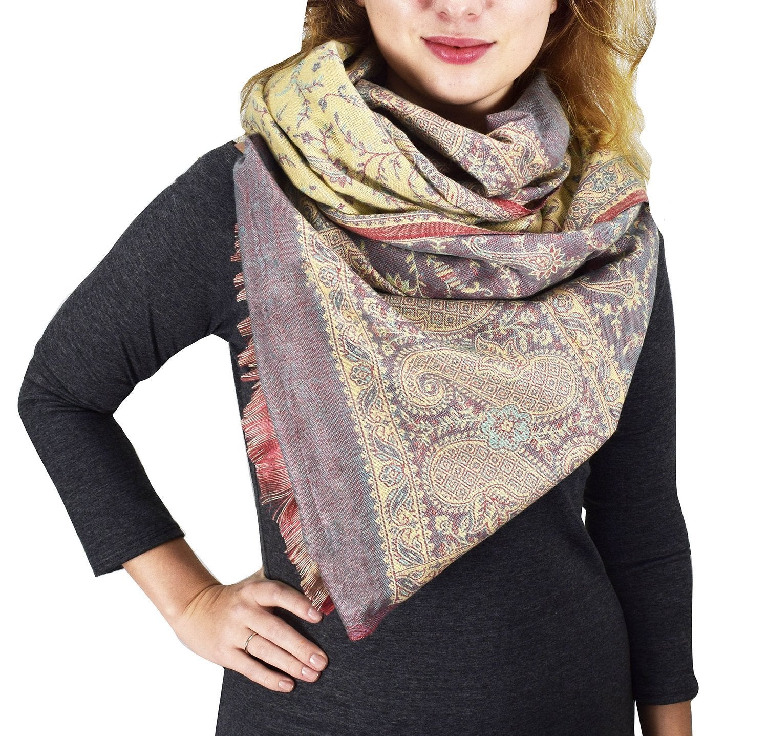 Thick 4-Ply Reversible Paisley Pashmina Blanket Scarf - Soft Orange Shawl Wrap for Women | Perfect for Travel, Office & Winter Fashion Accessory
