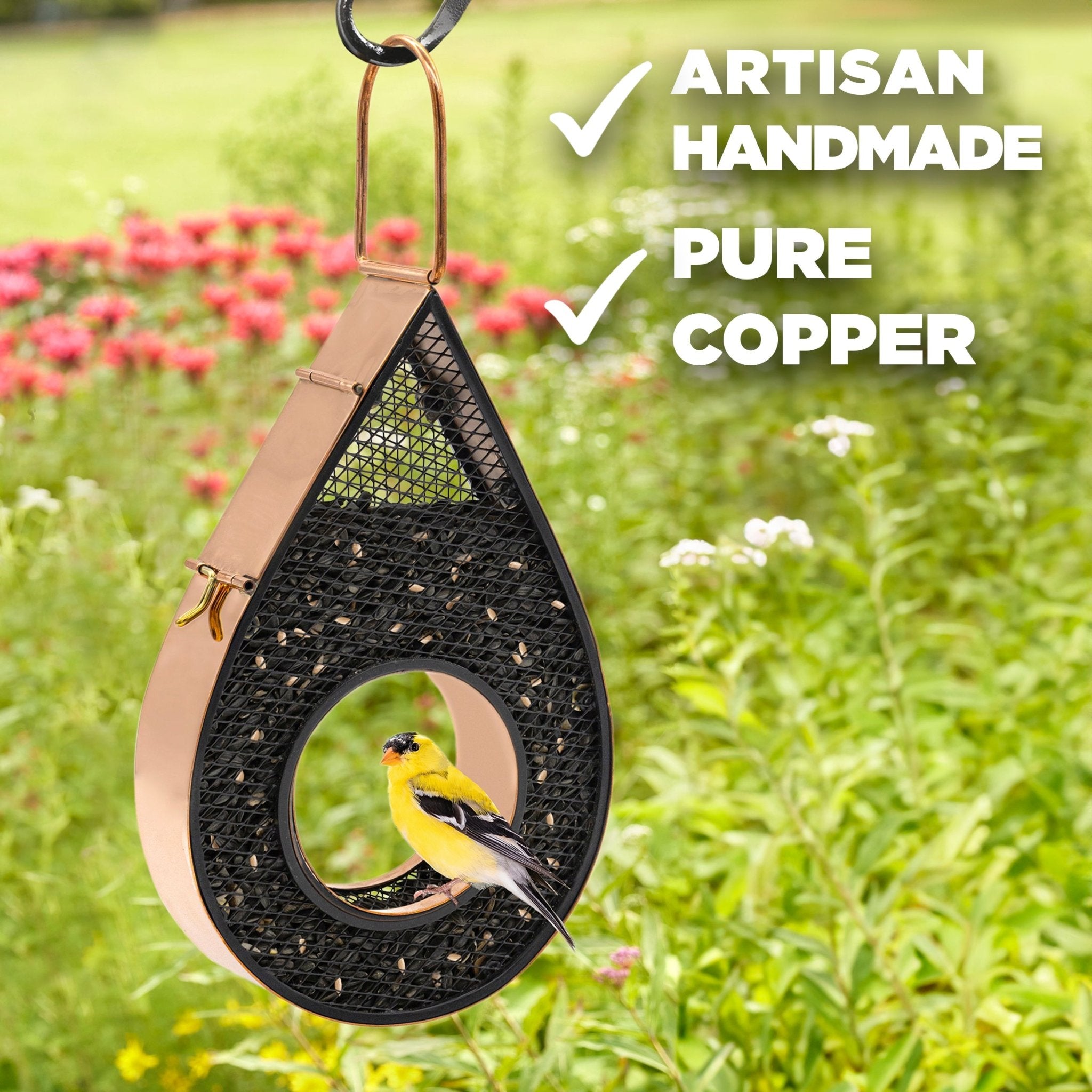 Copper Mesh Bird Feeder with Rain Drop Design - Fly-Thru Style for Outdoor Garden & Backyard Bird Watching