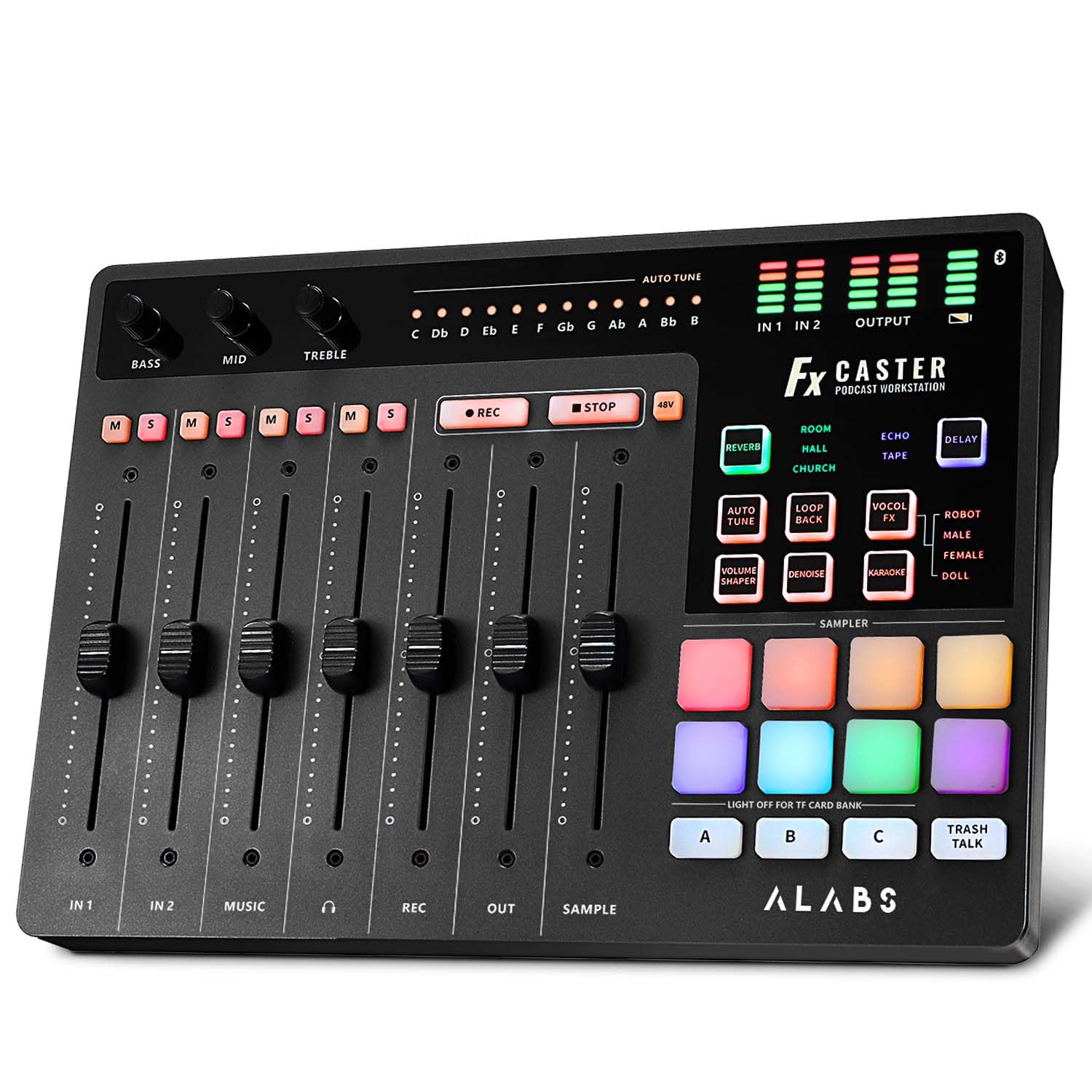 Fxcaster Professional Audio Interface - 7-Channel Podcast Mixer with Pro Preamp, 48V Phantom Power & Bluetooth | 32 Custom Sound Pads for Recording, Streaming, YouTube, TikTok, PC & Guitar | Perfect for Home Studios, Podcasting & Live Performances