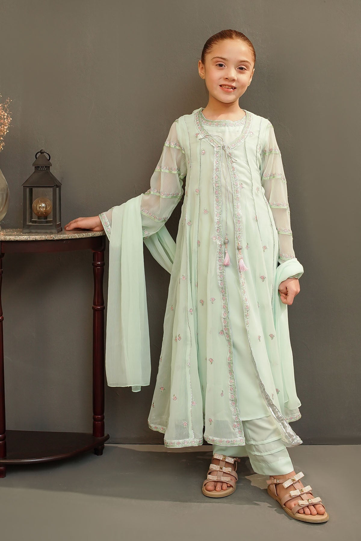 Elegant Chiffon Embroidered Mint Green Stitched Suit in Ochre - Perfect for Weddings, Parties & Special Occasions