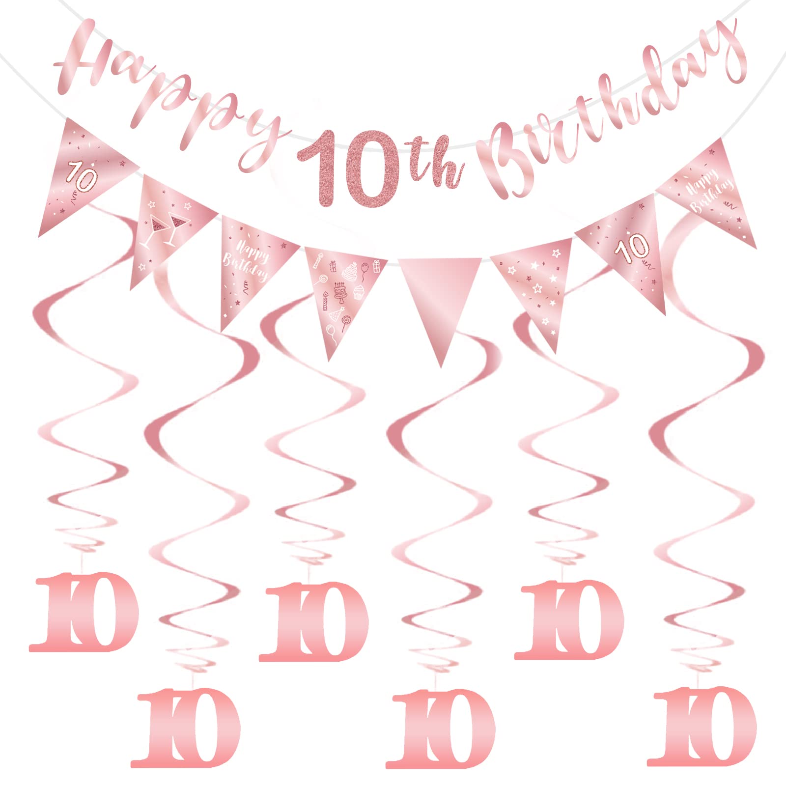 10th Birthday Party Decorations Kit for Girls - Rose Gold Happy Birthday Banner, Bunting Swirls, Streamers & Triangle Flags - Perfect for 10th Birthday Celebrations, Decorations & Party Supplies