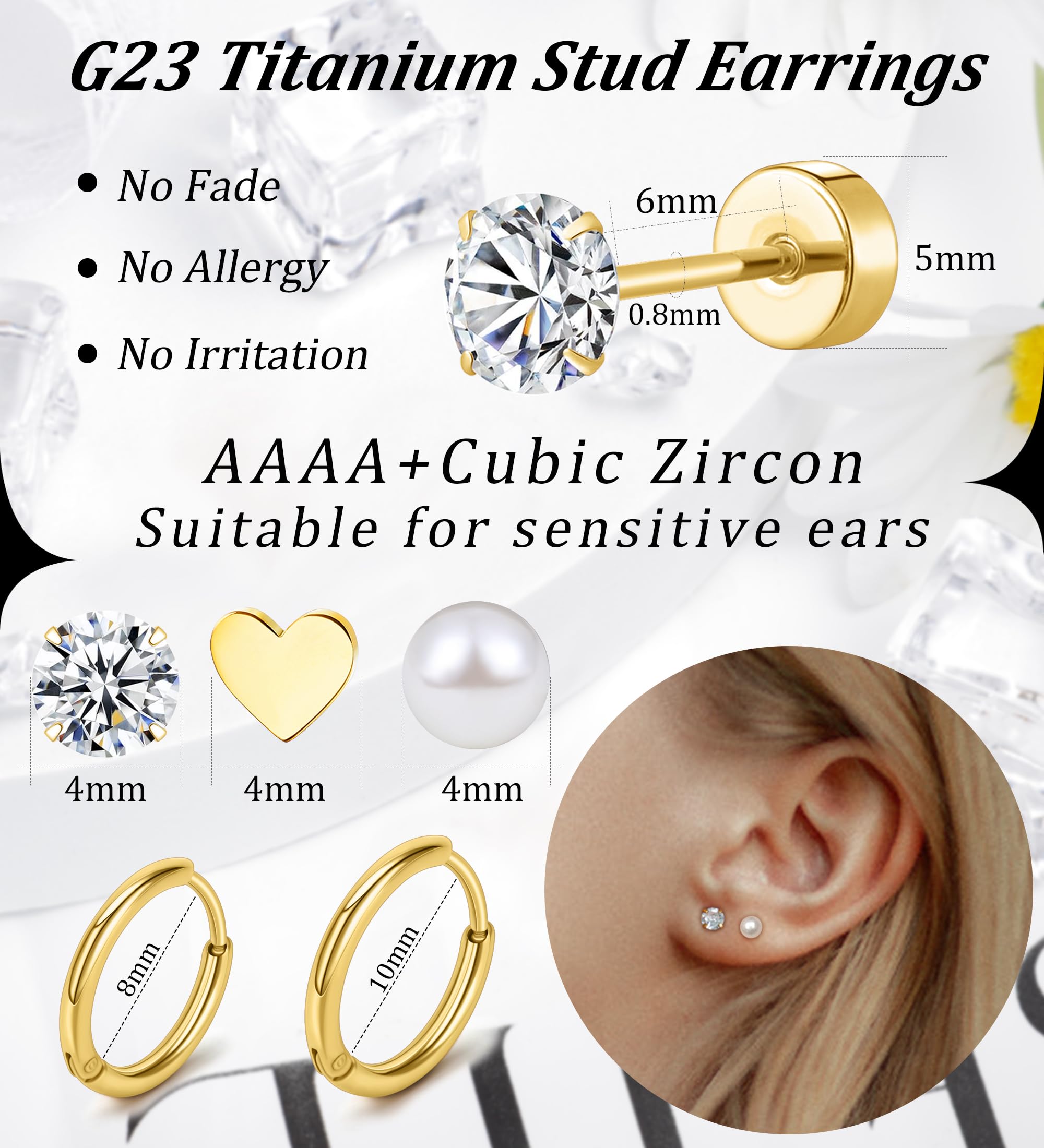 Hypoallergenic Titanium Earrings for Women - 20G Pure Titanium Stud & Hoop Earrings with CZ Heart & Pearl for Sensitive Ears | Flat Back Design for Comfort | Perfect for Daily Wear, Work & Special Occasions
