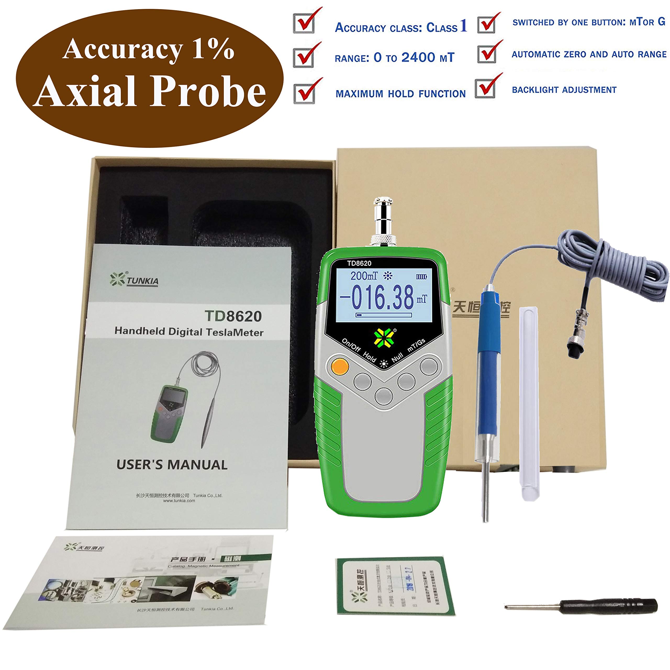 High Precision Axial Probe Tesla Meter Gaussmeter (0-2400mT) - Digital Fluxmeter for Surface Magnetic Field Testing | Industrial, Laboratory & Electronics Repair Use