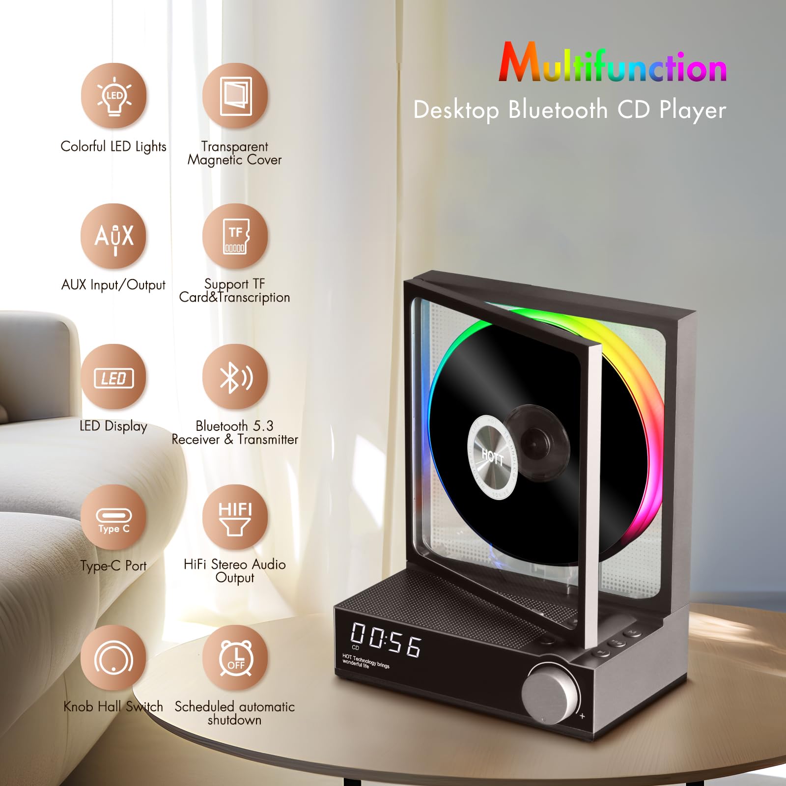 Portable Bluetooth CD Player with HiFi Speakers - 5.3 Wireless, RGB Lights, TF Card Slot & USB Recording - Desktop CD Player with LED Display for Home, Office & Car Use (Grey)