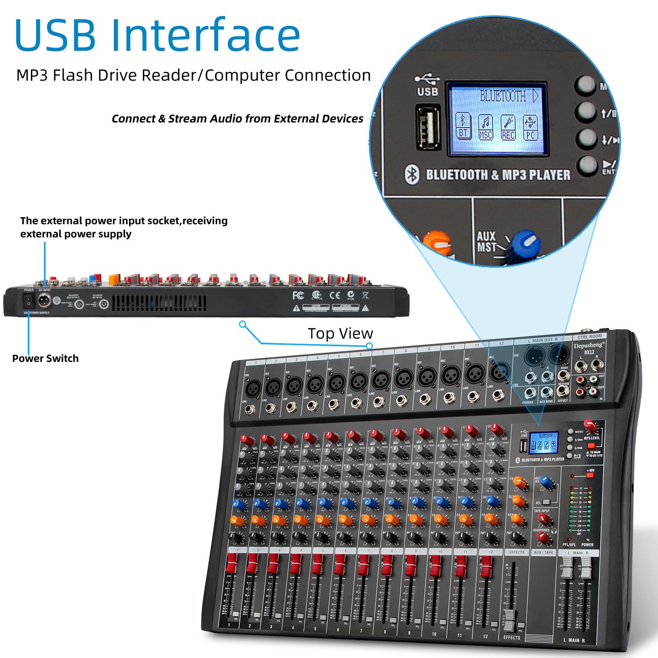 Depensheng DX12 12-Channel DJ Audio Mixer with USB Interface, XLR Mic Input, 48V Phantom Power & RCA I/O - Professional Studio Sound Controller for Computer Recording, Live Performances & Home Music Production